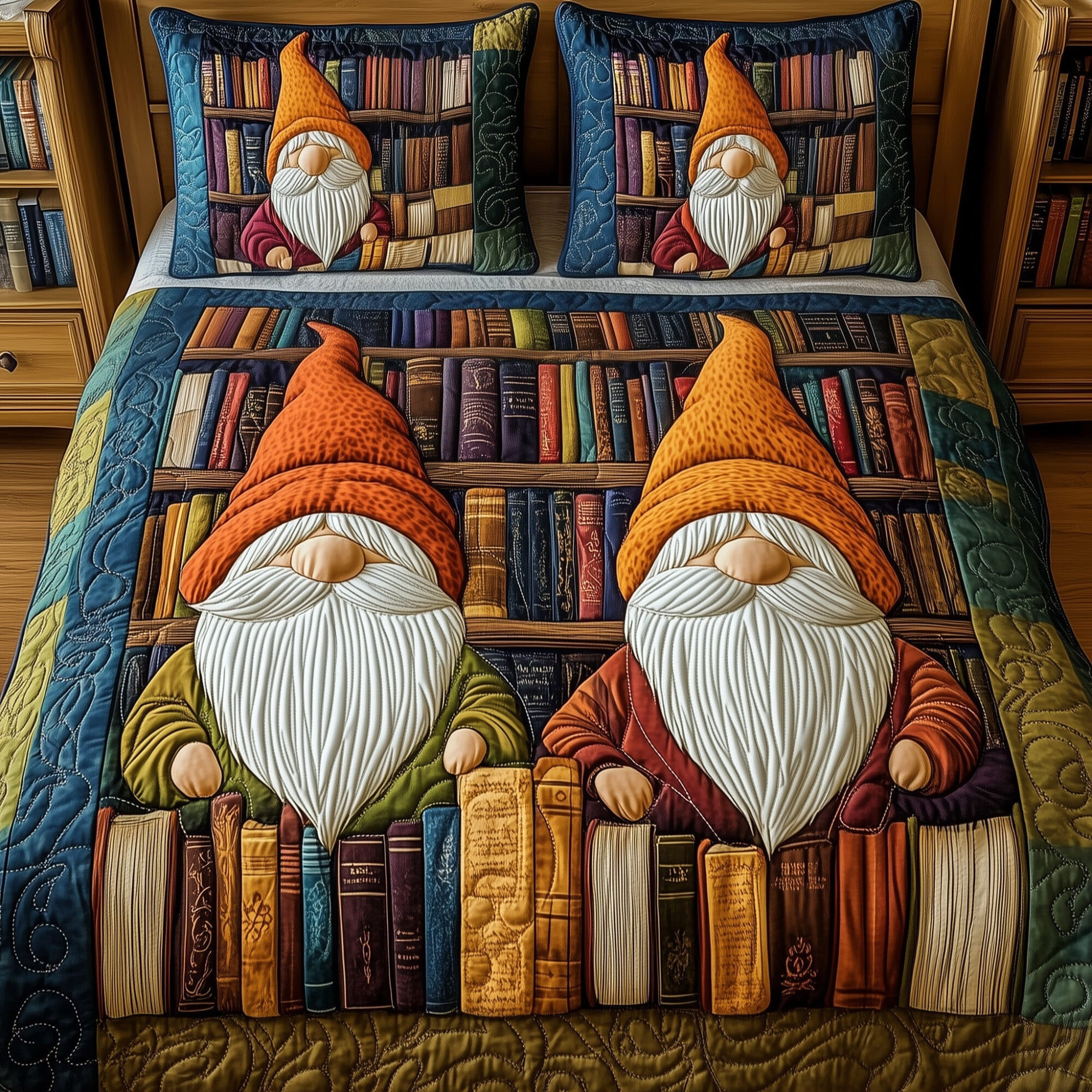 Library Keeper Quilted Bedding Set Gnomes With Books Best Autumn Bedroom Gifts