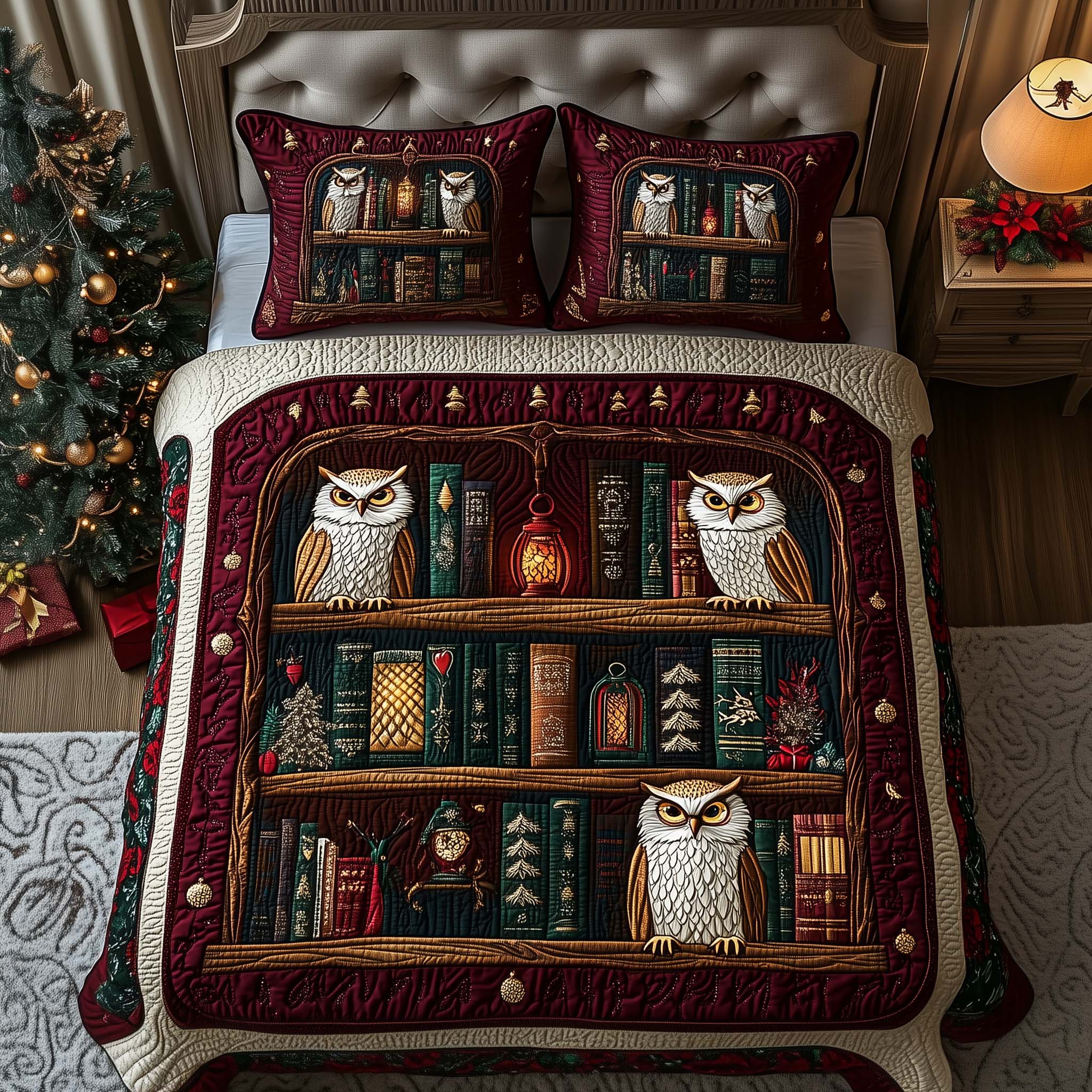 Library Owls Quilted Bedding Set Cute Christmas Bedrooms Best Unique Gifts For Owl Lovers