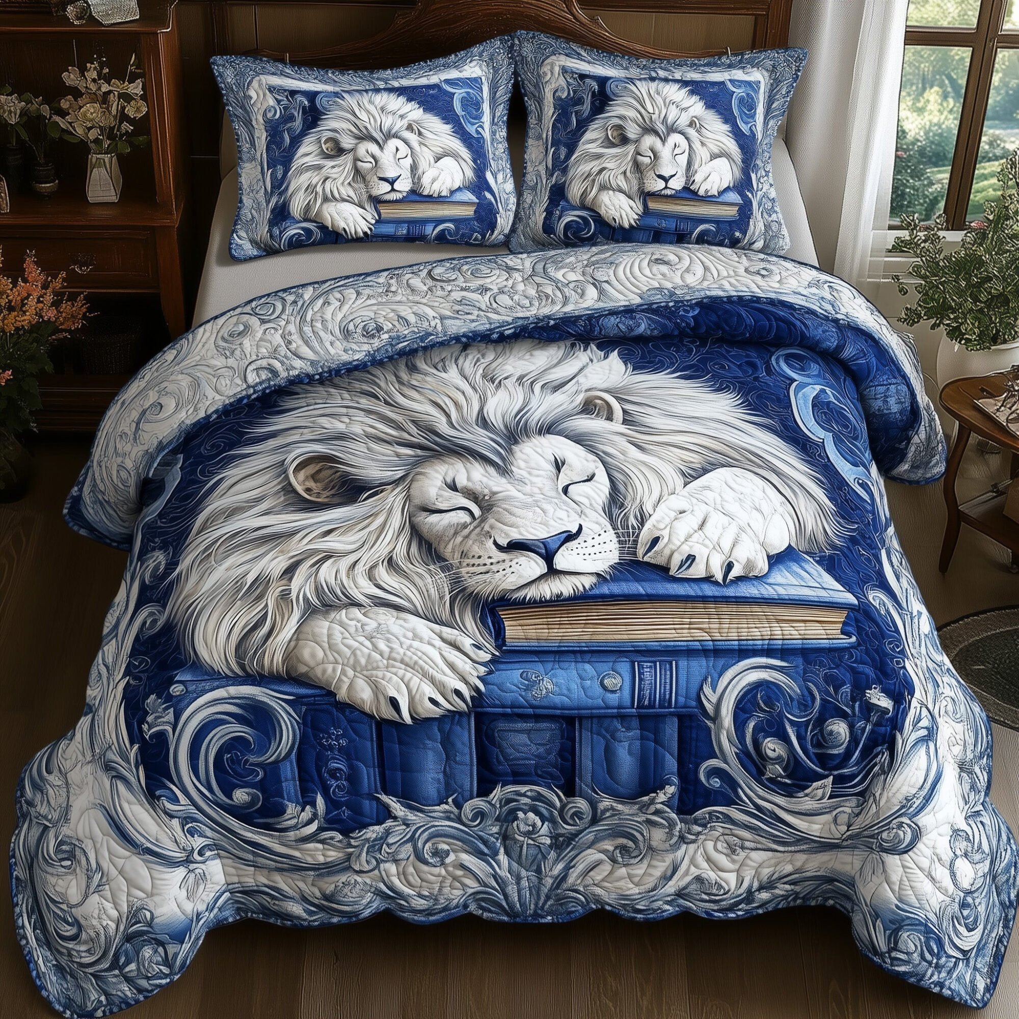 Lion Lore Quilted Bedding Set Classic Resting Lion Decor Peaceful Animal Design Presents