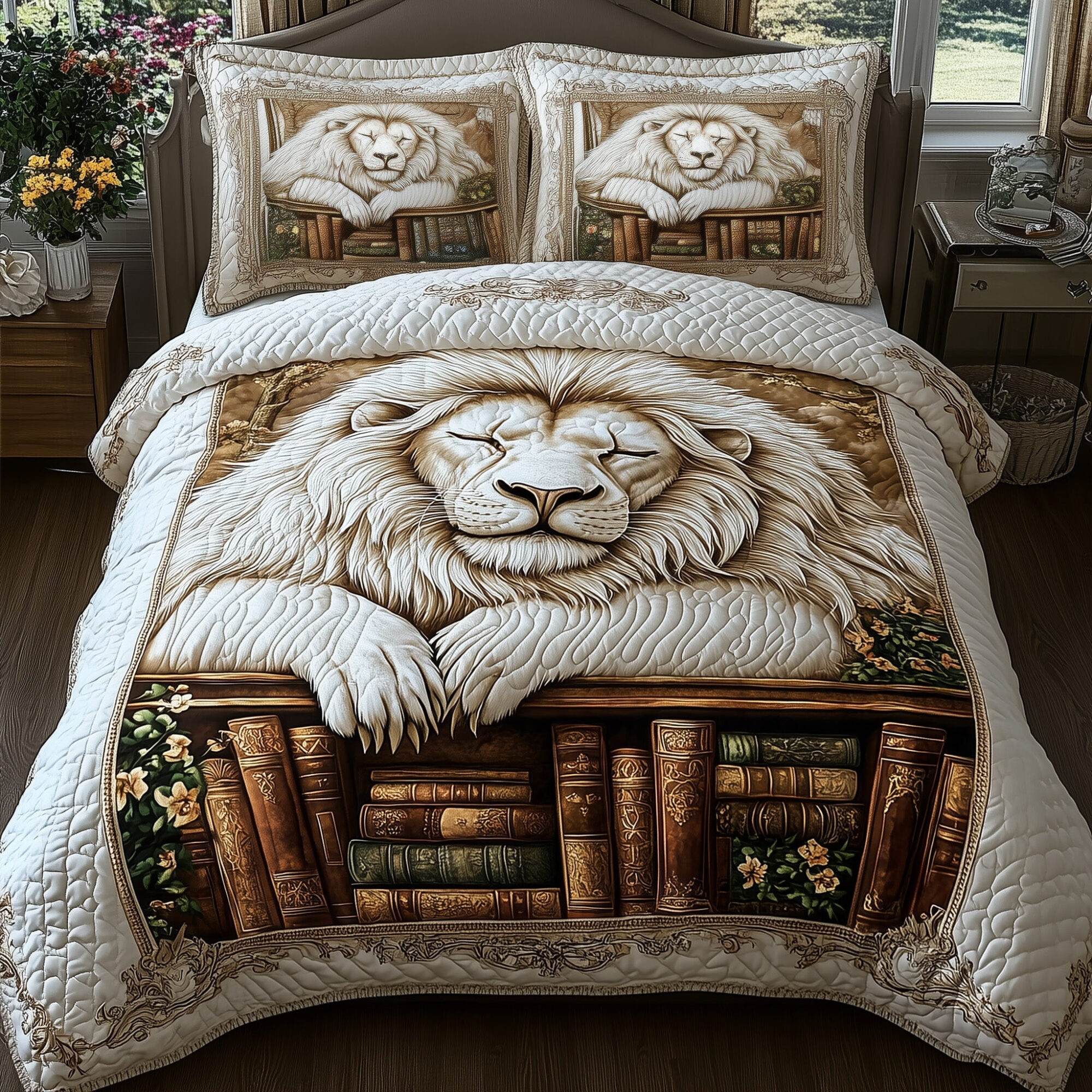 Lion On Books Quilted Bedding Set Classic Lion Face Decor Best Wildlife Design Gifts