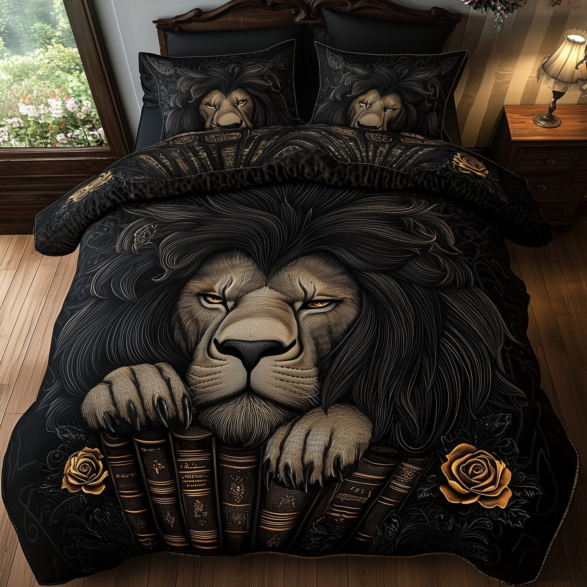 Lion On Books Quilted Bedding Set Classic Resting Lion Decor Peaceful Animal Design Gifts