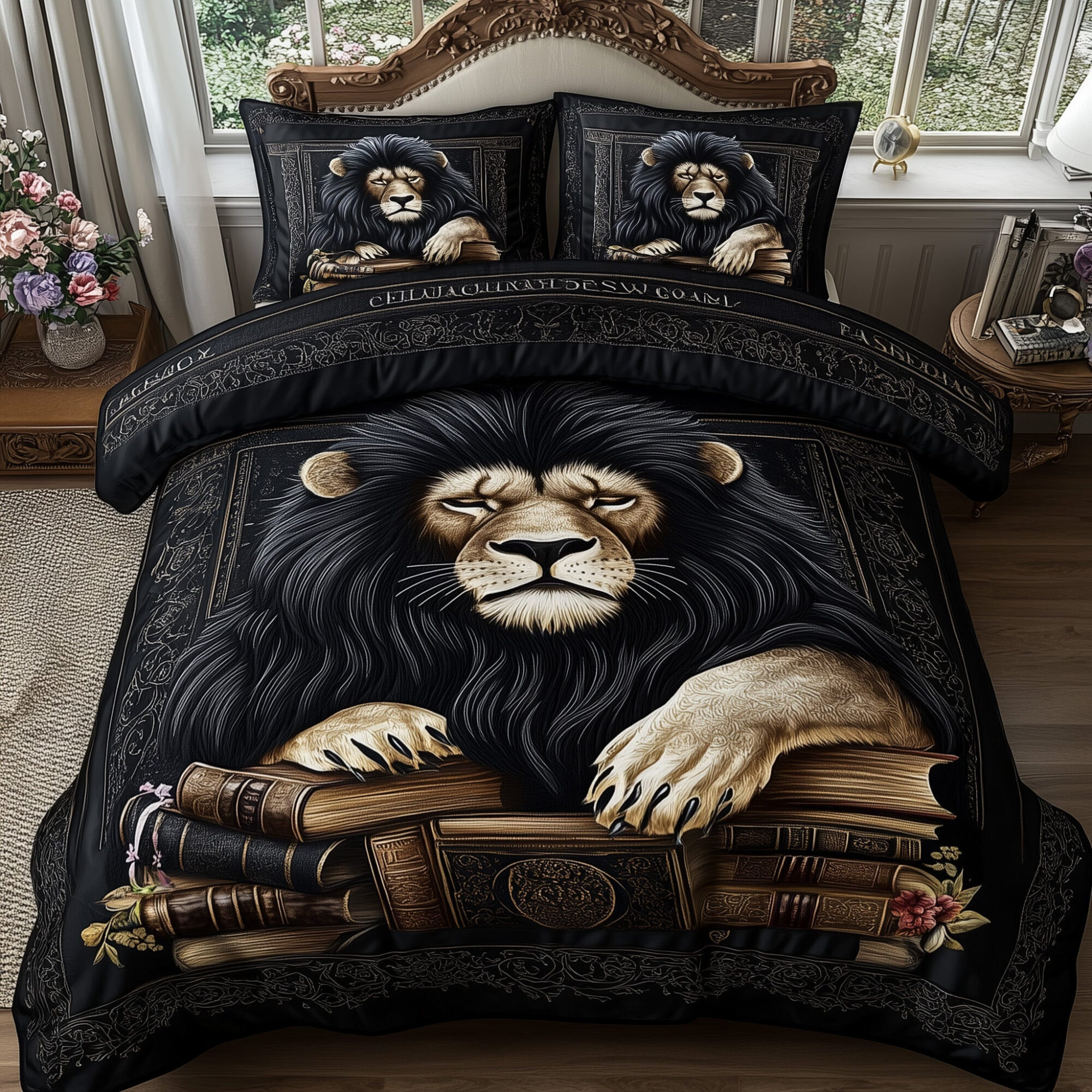 Lions Library Quilted Bedding Set Classic Lion Decor Best Wildlife Design Gifts