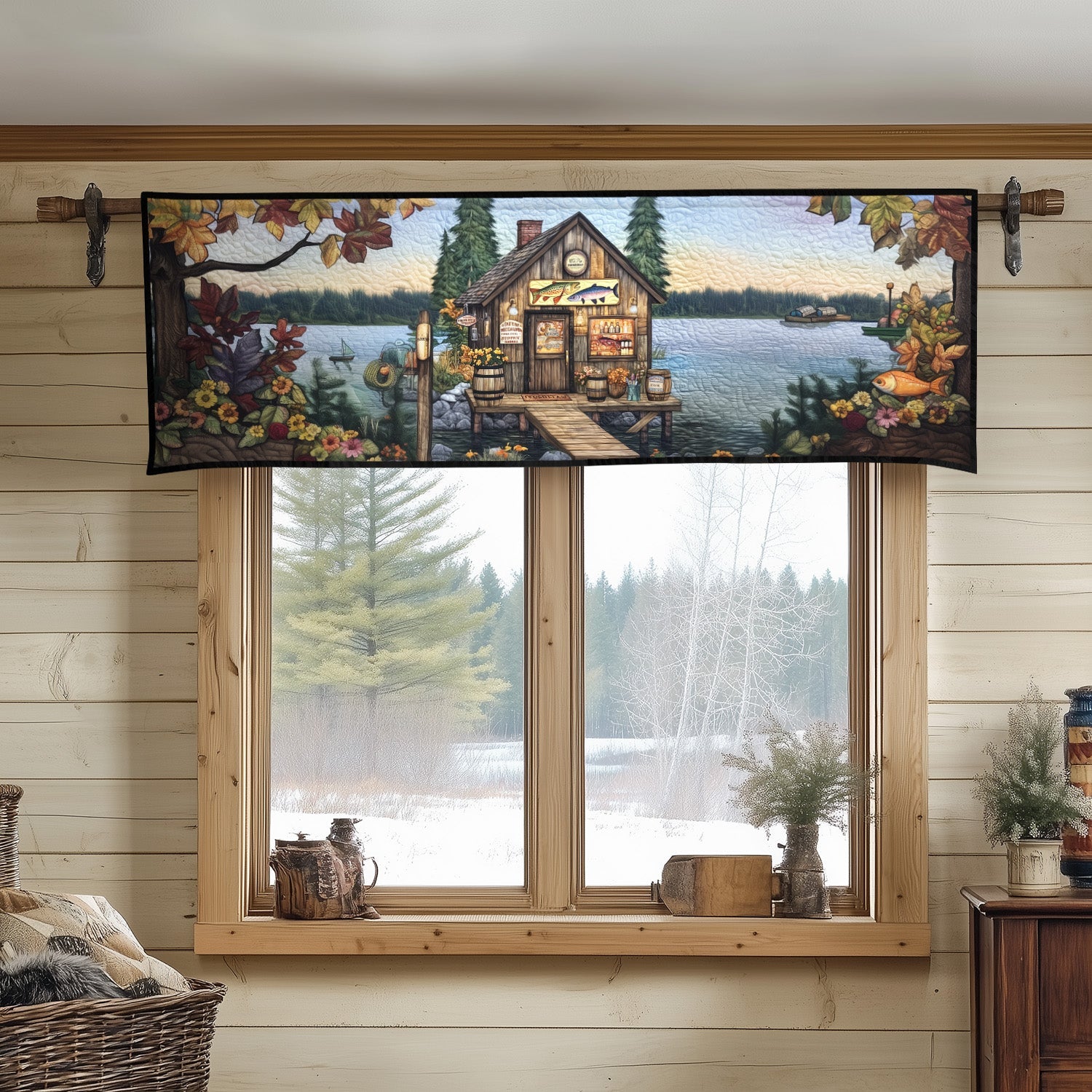 Lodge by the Lake Quilted Valance Christmas Home Dec Items Stuff For Fishing Lovers
