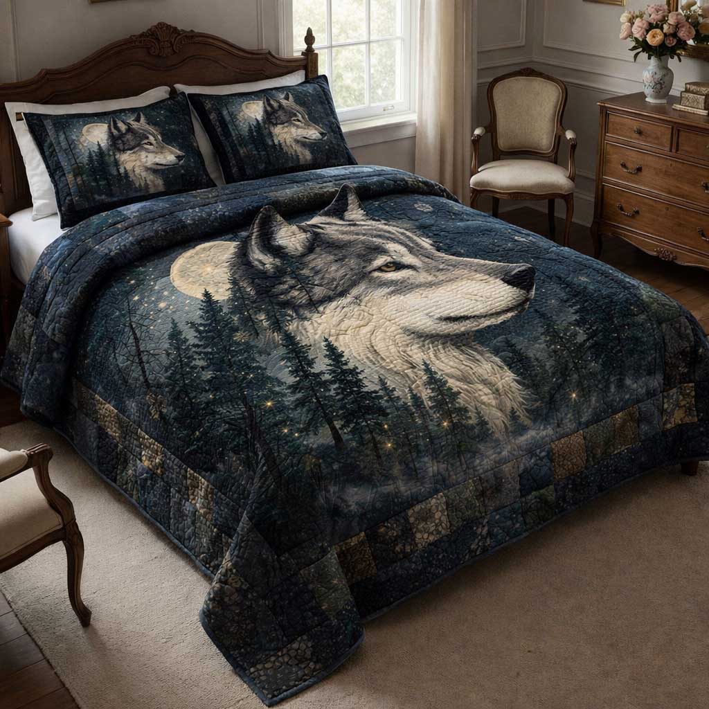 Lone Wolf Quilted Bedding Set Bed Comforter Set Wolf Themed Gift Items