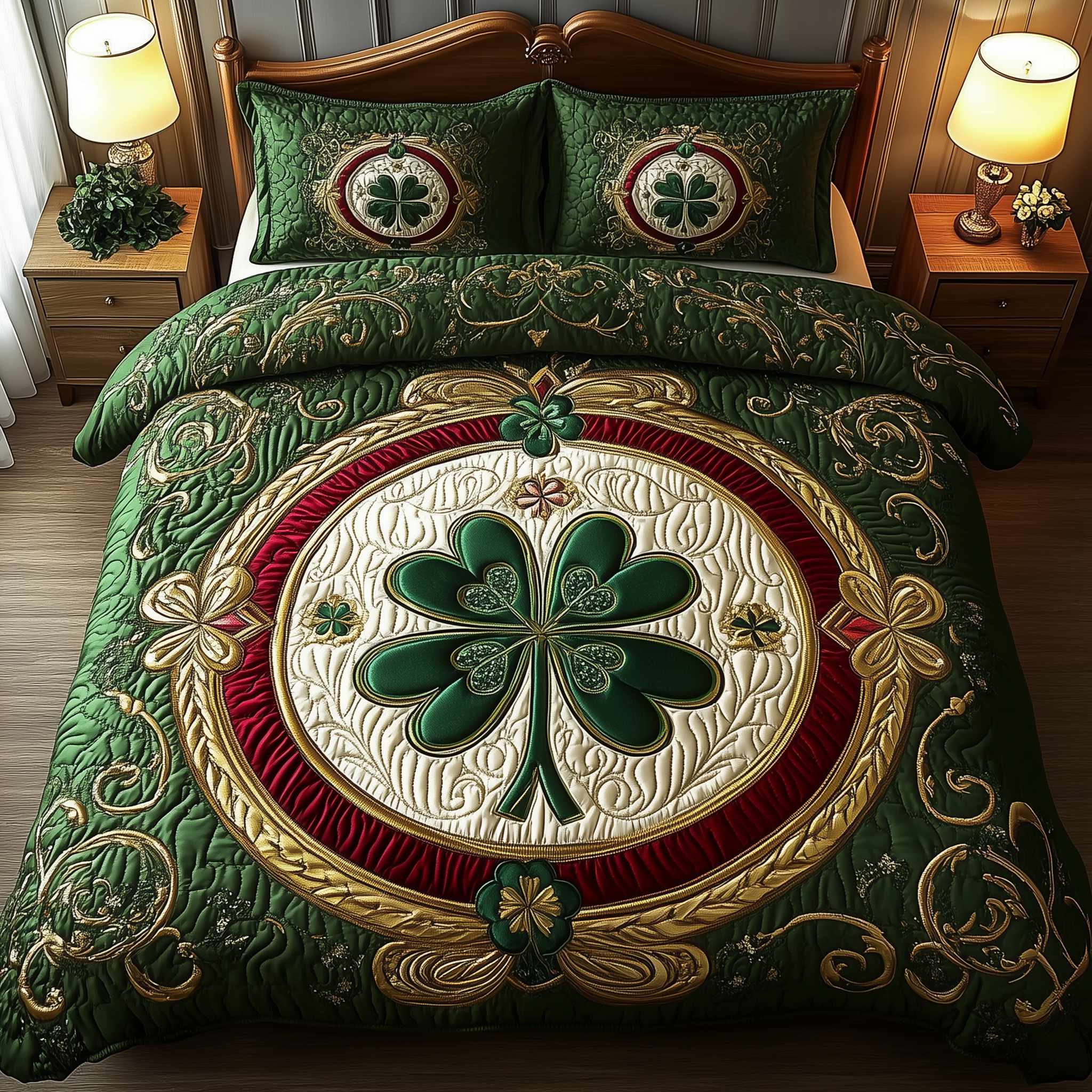 Lucky Irish Shamrock Quilted Bedding Set Bed Comforter Set Saint Patty's Day Gifts