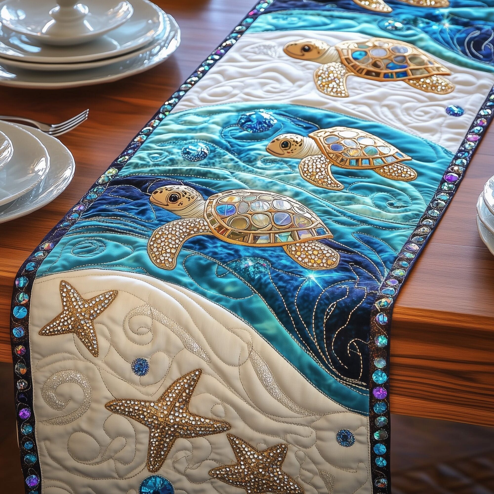 Magical Sea Turtle Quilted Table Runner Bohemian Style Table Runner Turtle Gifts For Mother's day