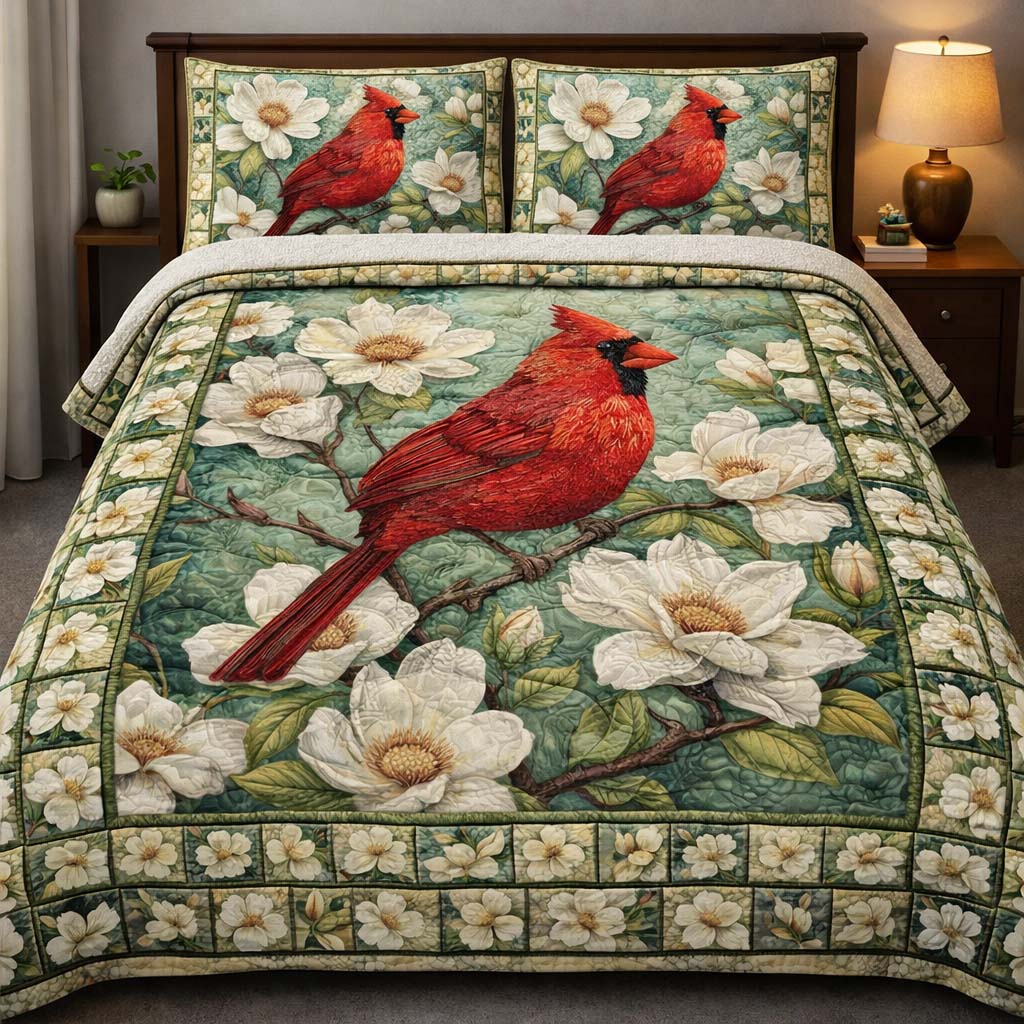 Magnolia Cardinal Grace Quilted Bedding Set Best Queen Sheets Red Cardinal Gift Items