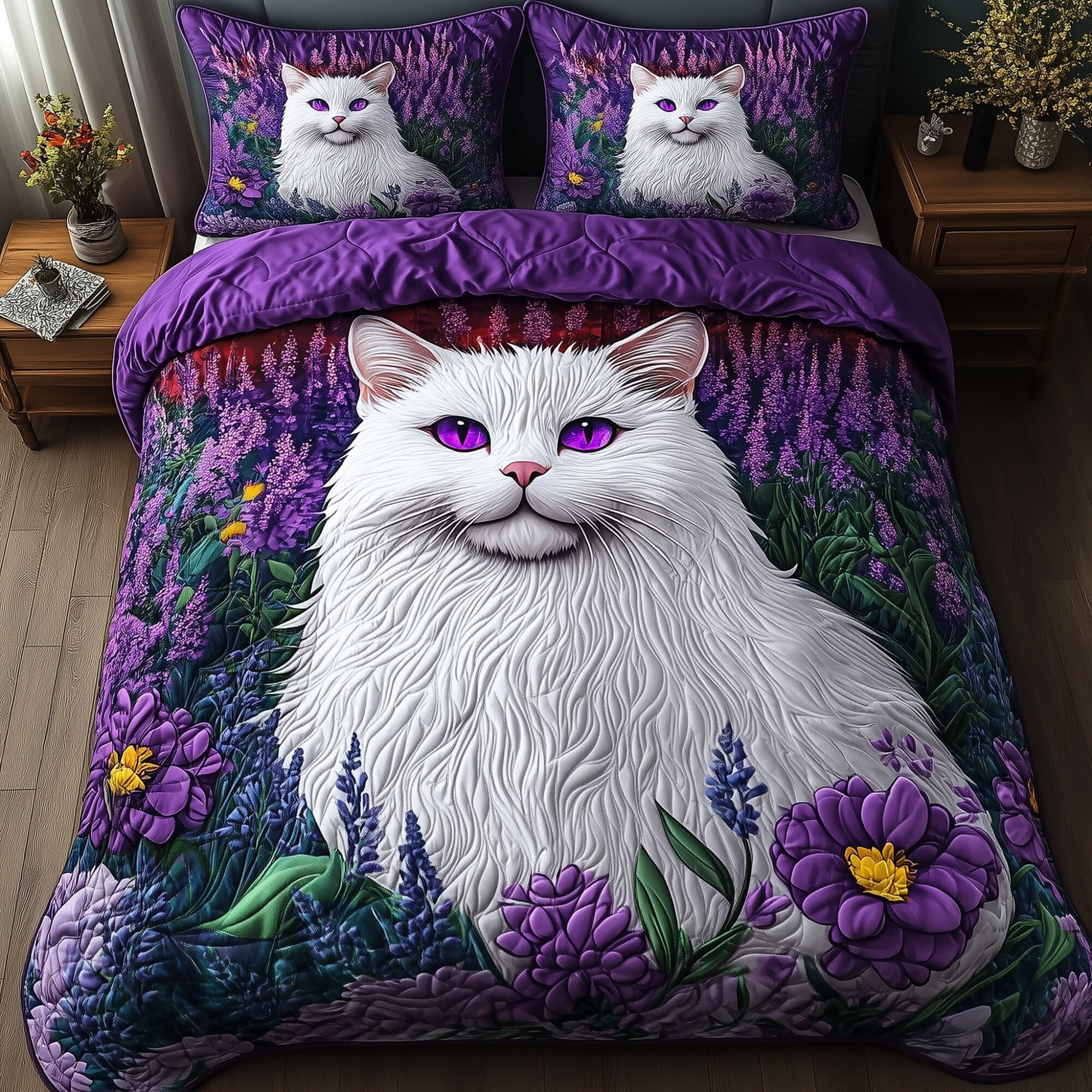 Majestic Cat Quilted Bedding Set Elegant Cat Portrait Floral Design Cat Lovers Bedding Gifts