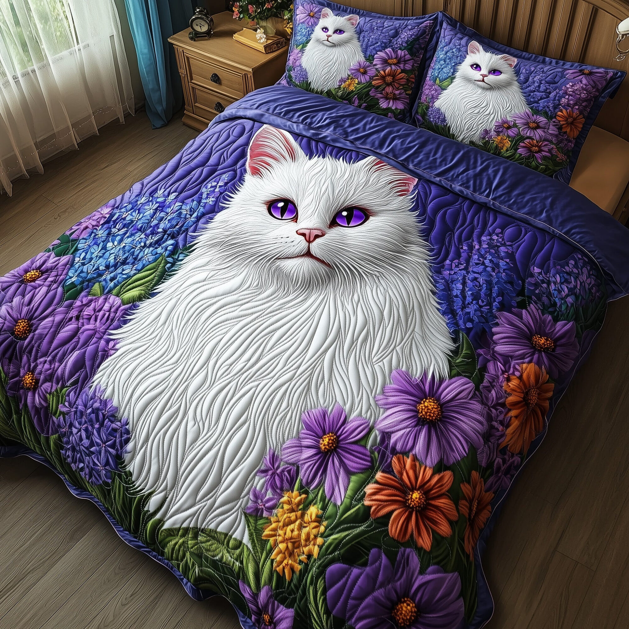 Majestic Cat Quilted Bedding Set Elegant Cat Purple Flowers Themed Cat Lovers Bedding Gifts