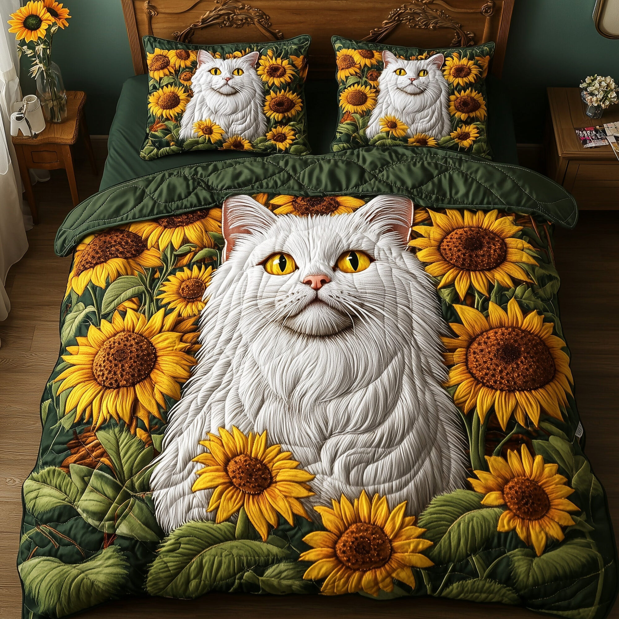 Majestic Cat Quilted Bedding Set Elegant Cat Sunflowers Themed Cat Lovers Bedding Gifts