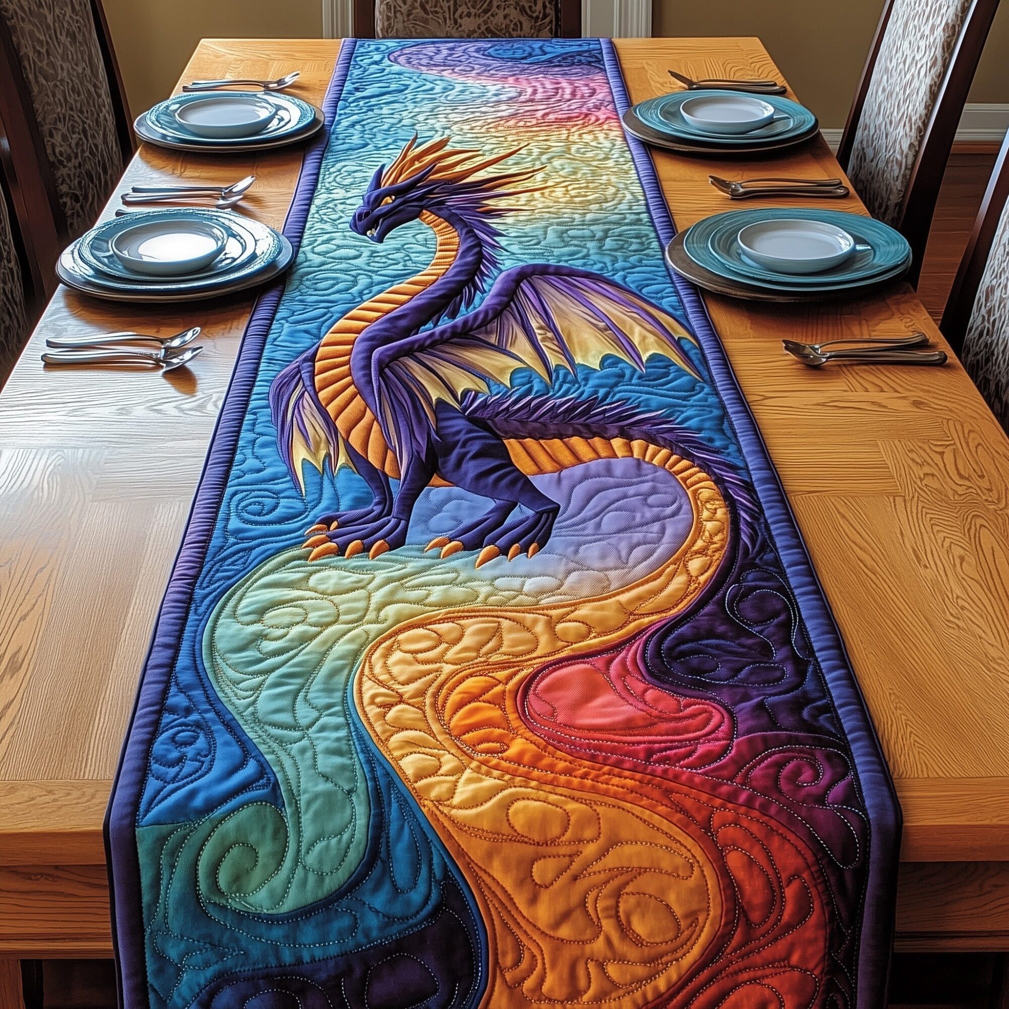 Majestic Dragon Quilted Table Runner Elegant Dining Table Runner Dragon Themed Gifts