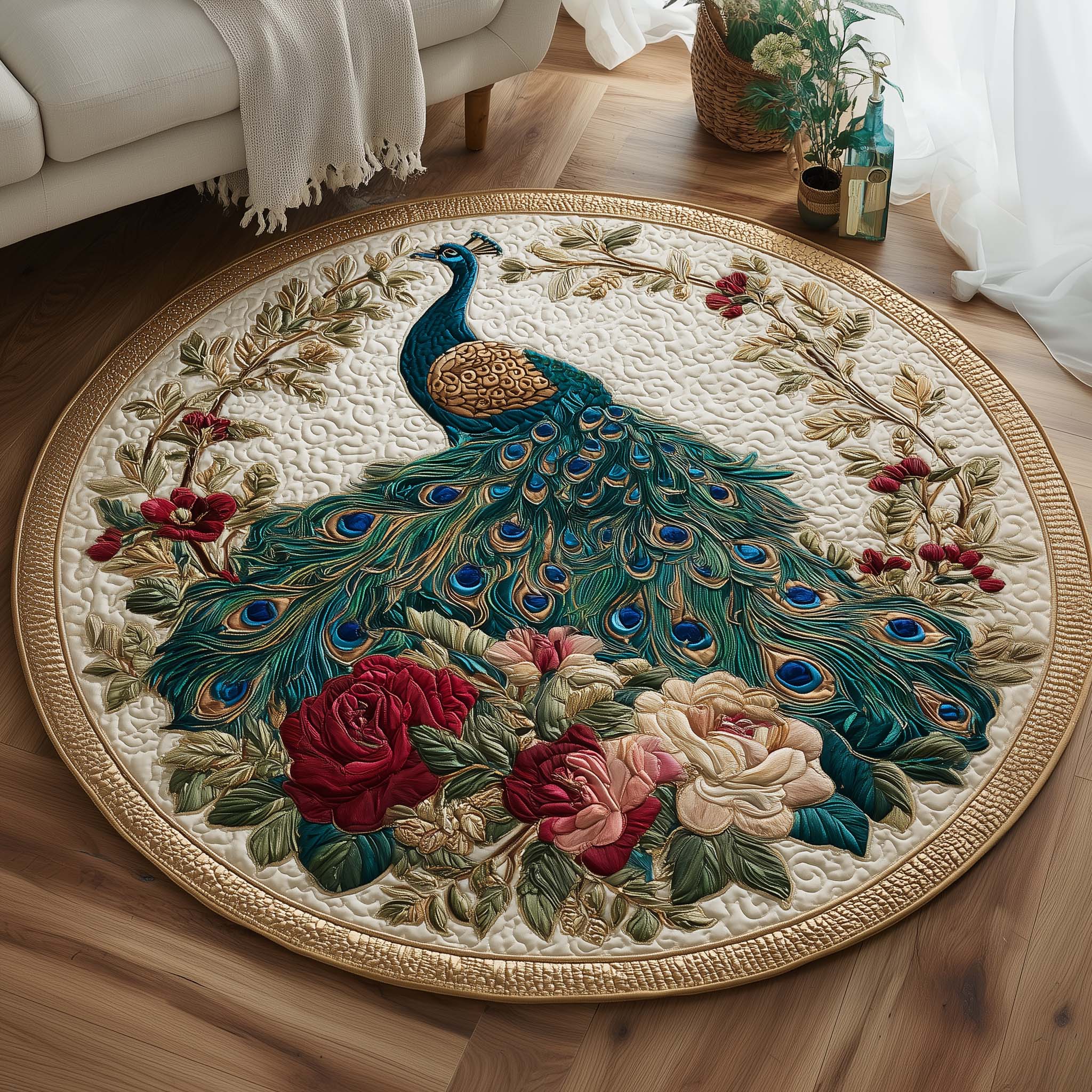 Majestic Feathers Quilted Round Mat Decorative Quilted Round Mat for Elegant Spaces