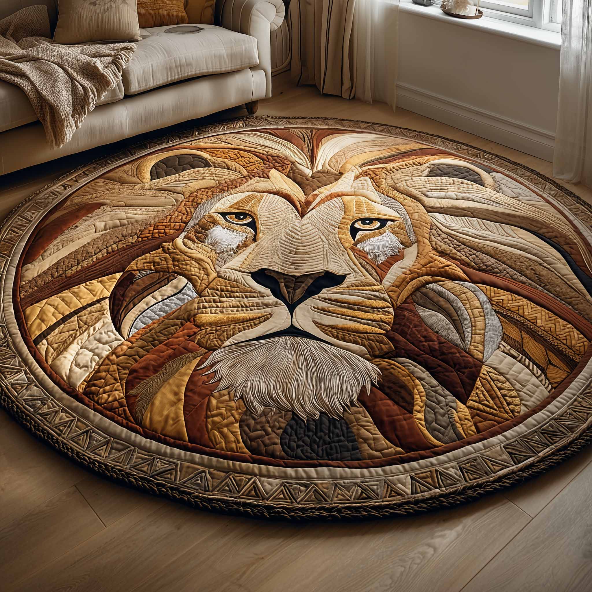 Majestic Lion Quilted Round Mat Soft Cotton Quilted Round Mat for Daily Comfort