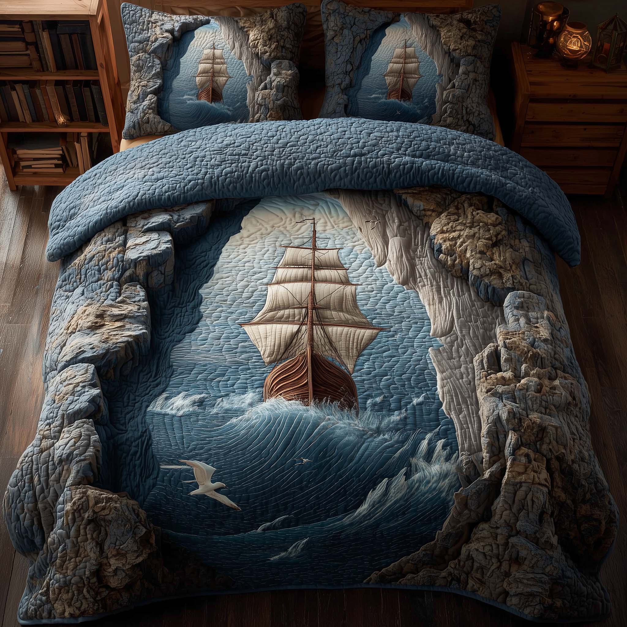 Majestic Ship Quilted Bedding Set Bed Room Art Christmas Bear Gifts
