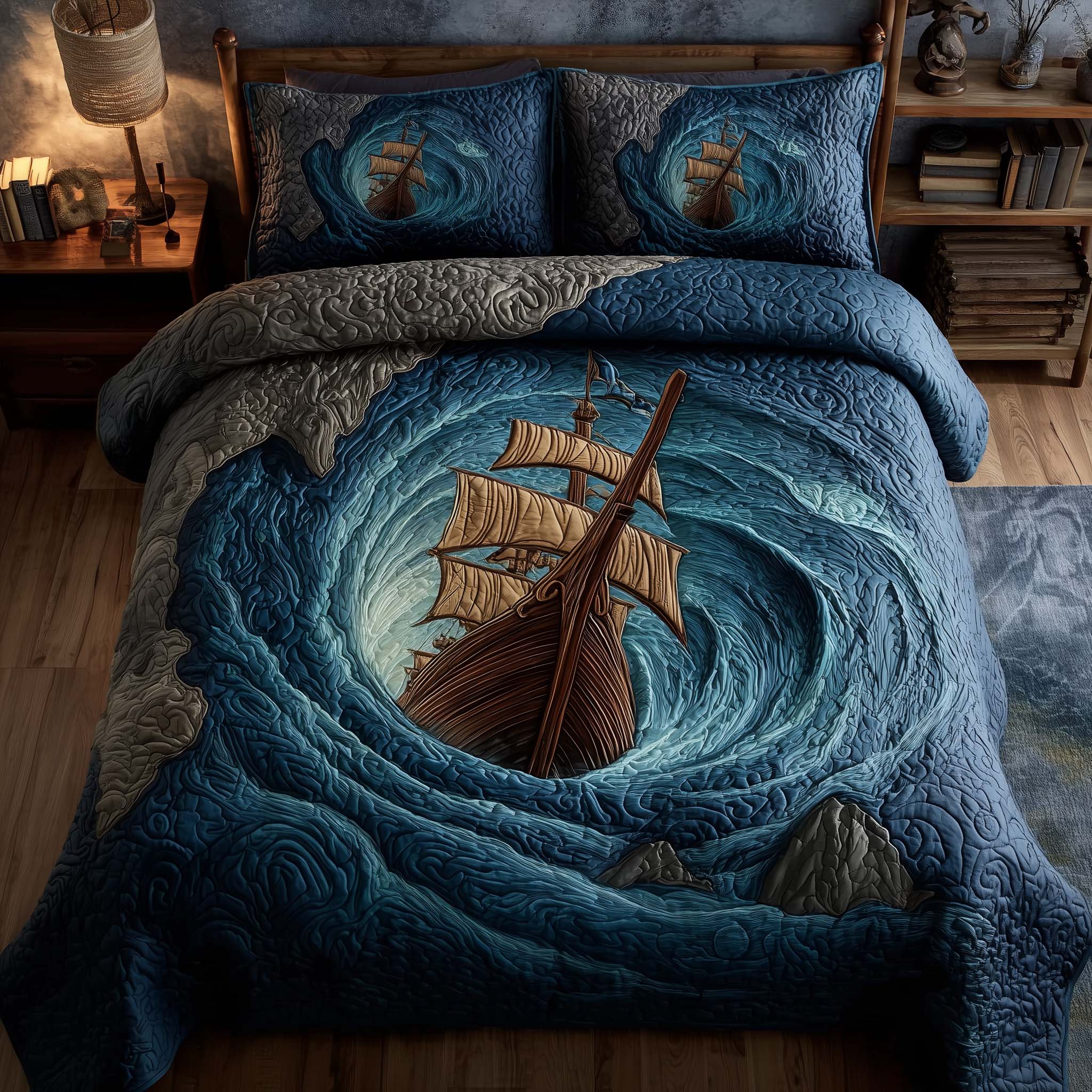 Majestic Ship Quilted Bedding Set Bed Room Decoration Cute Bear Gift Ideas