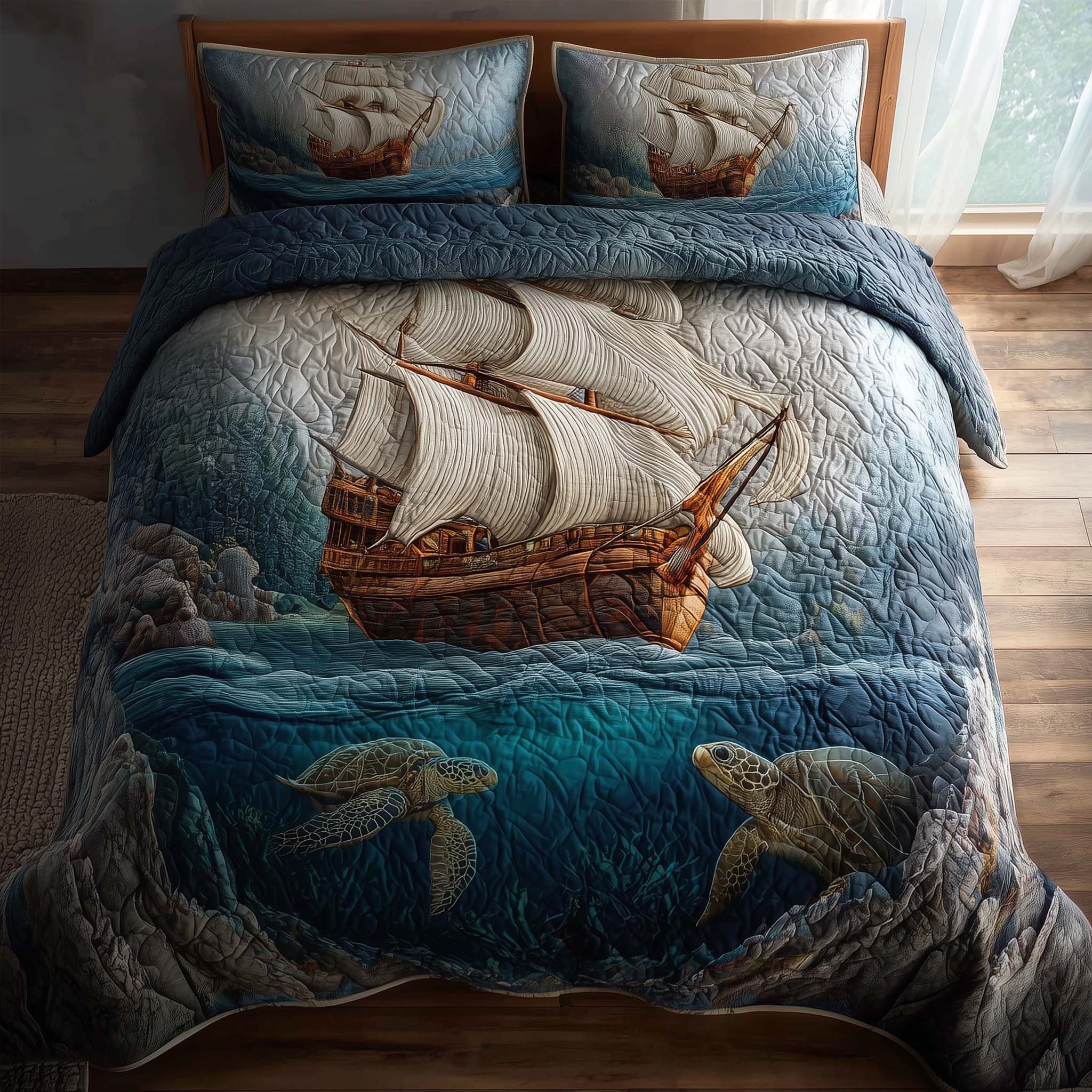 Majestic Ship Quilted Bedding Set Bedroom Decorations Bear Gifts For Him