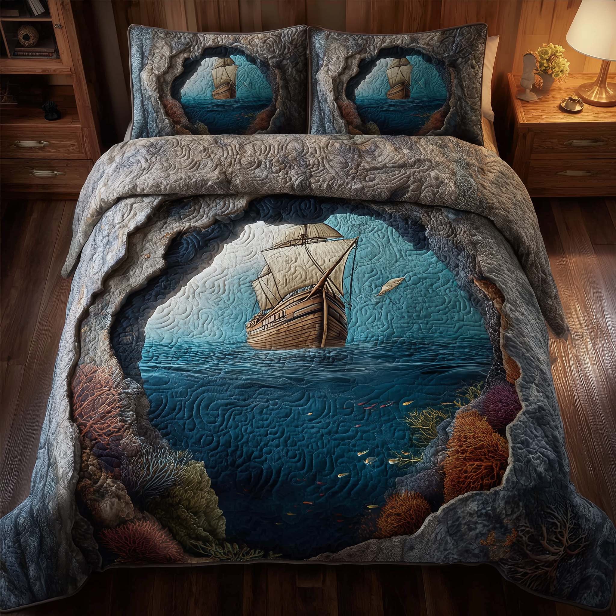 Majestic Ship Quilted Bedding Set Boho Bedroom Furniture Bear Gifts For Men