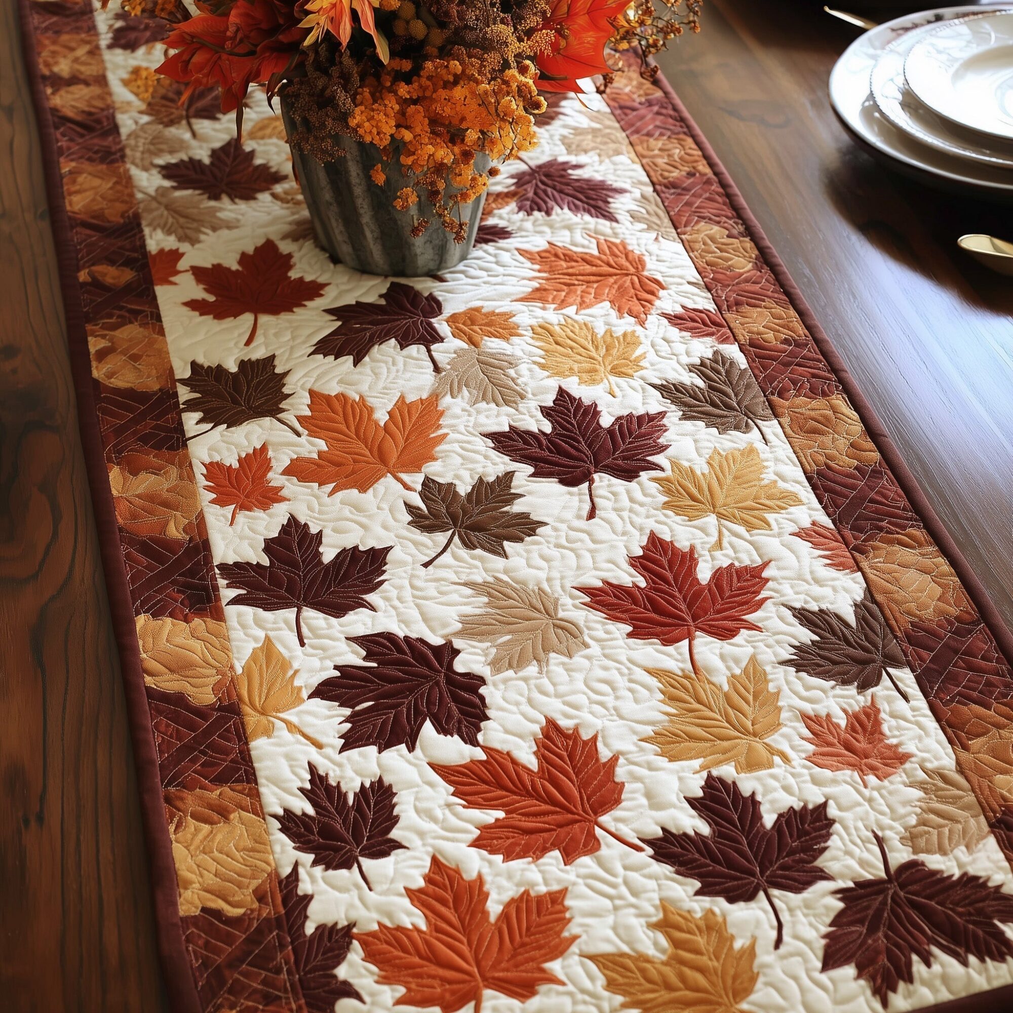 Maple Leaf Quilted Table Runner Halloween Home Decor Gift For Mid Autumn Festival