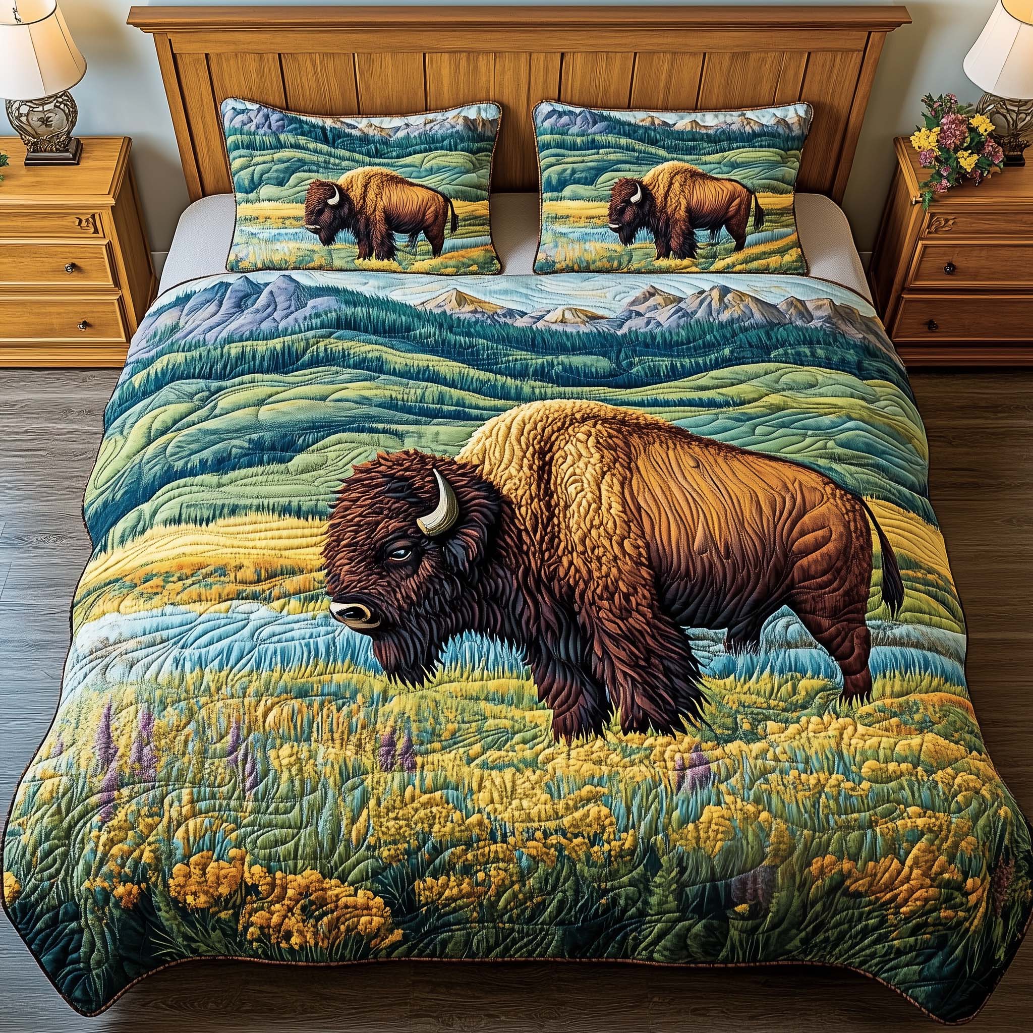 Meadow Bison Quilted Bedding Set Over The Bed Decor Mothers Day Suggestions