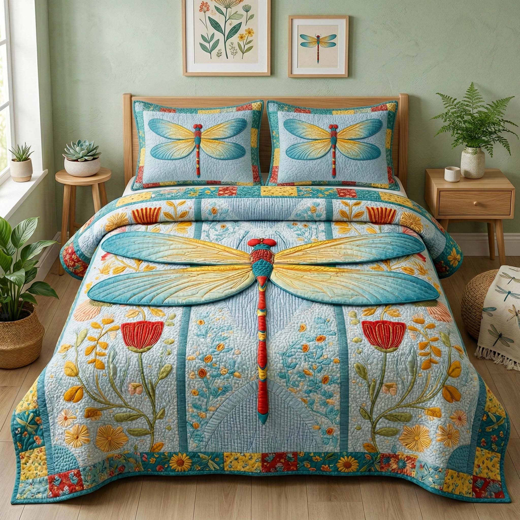 Meadow Dragonfly Quilted Bedding Set Best Queen Sheets Unique Dragonfly Gifts