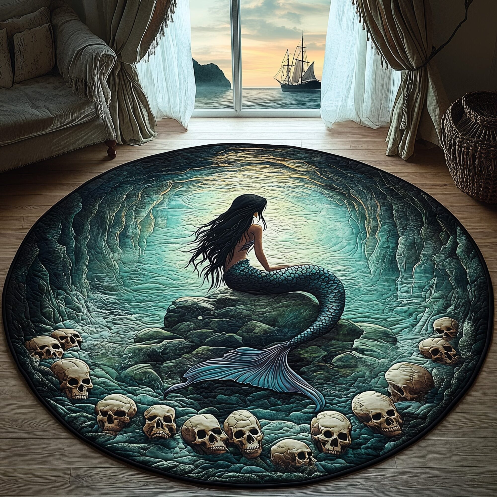 Mermaid Of Shadows Quilted Round Mat Decorative Quilted Round Mat for Elegant Spaces