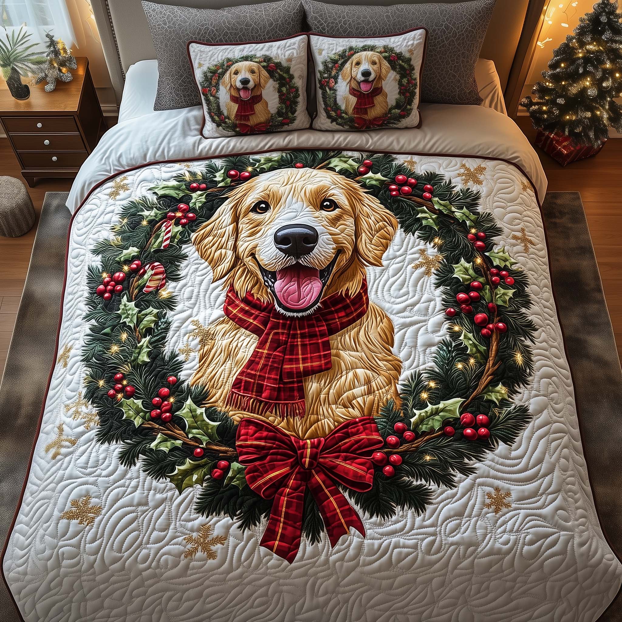 Merry Bow Quilted Bedding Set Christmas Bedroom Grandparent Xmas Gifts