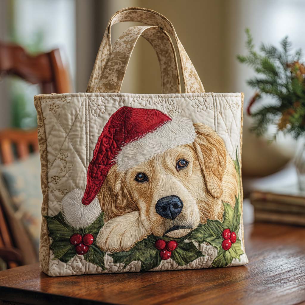 Merry Retriever Quilted Tote Bag Shoulder Bag Vintage Golden Retriever Christmas Gifts
