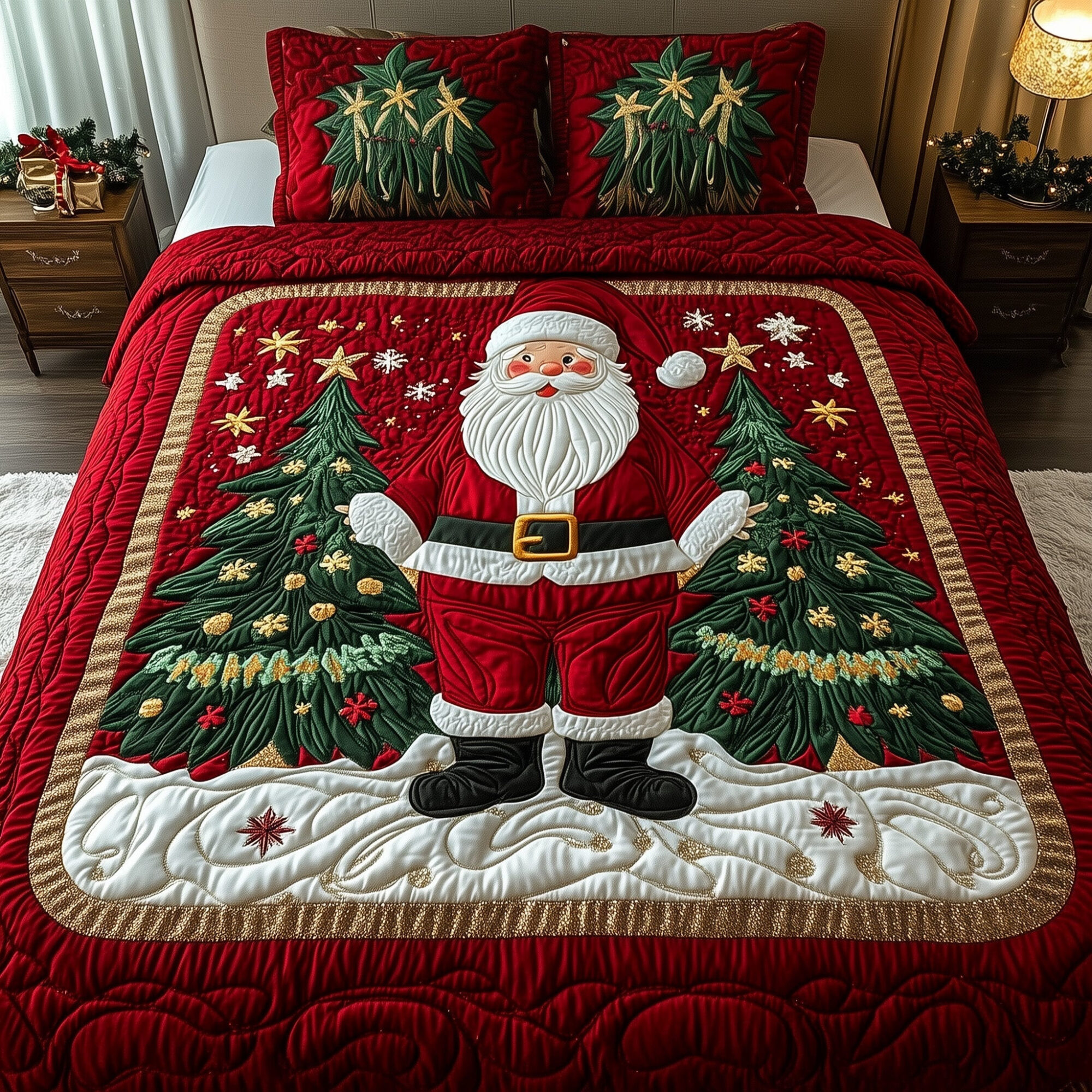Merry Santa Quilted Bedding Set Santa Claus Bedding Ideal Gifts For Xmas Lovers