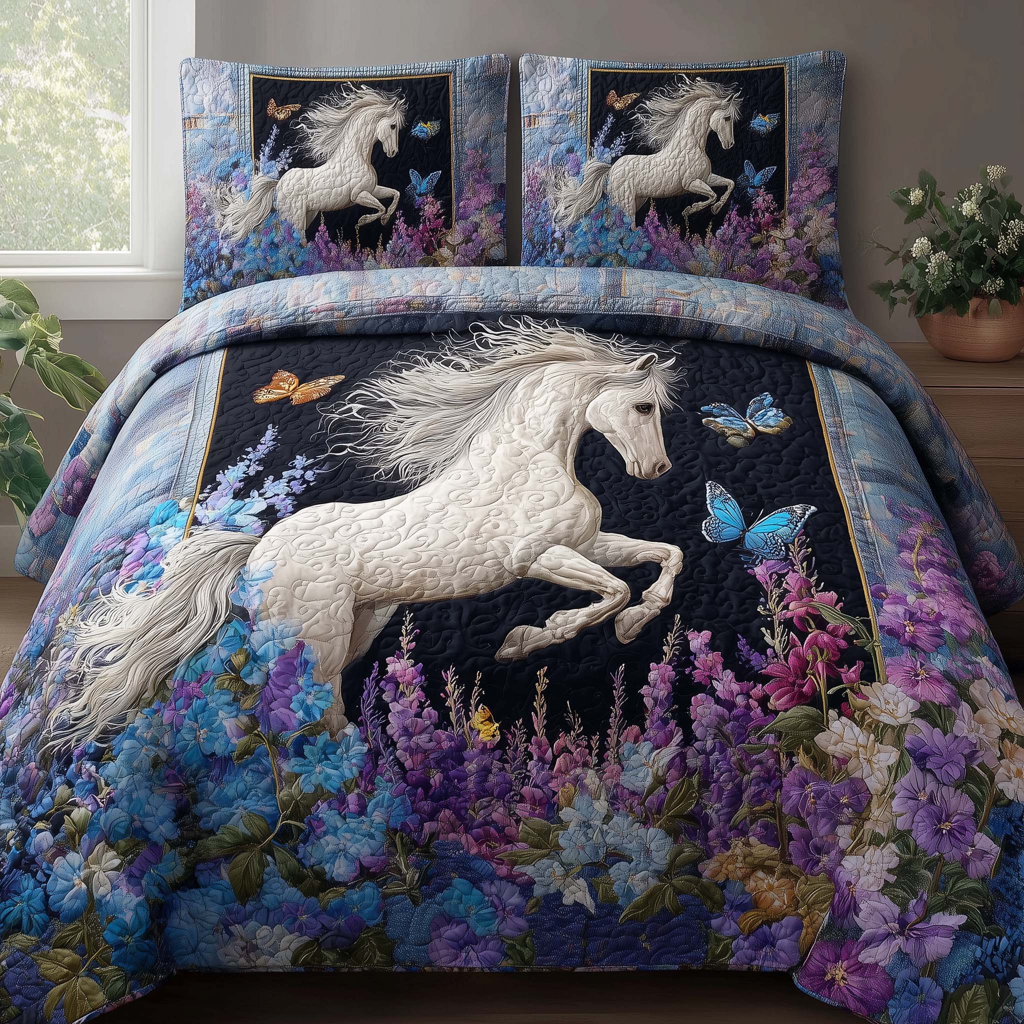 Midnight Bloom Horse Quilted Bedding Set Bed Room Decoration Gifts To Get Horse Lovers