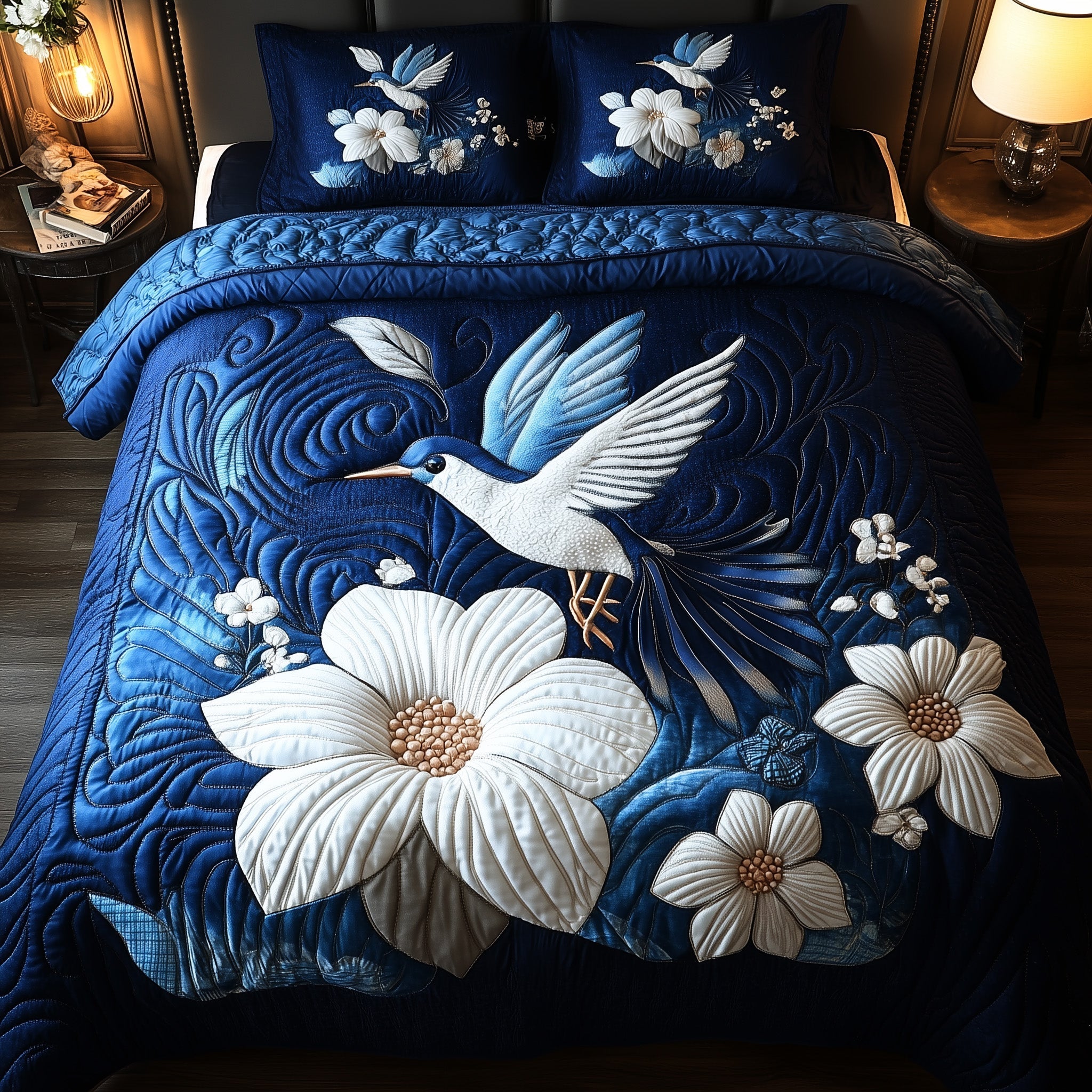 Midnight Bloom Hummingbird Quilted Bedding Set Best Bedsheets Hummingbird Gifts For Men