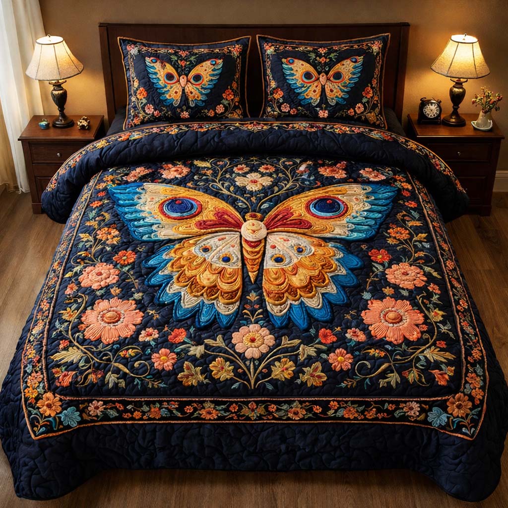 Midnight Butterfly Bloom Quilted Bedding Set Good Sheet Sets Great Mother's Day Gifts For Mom