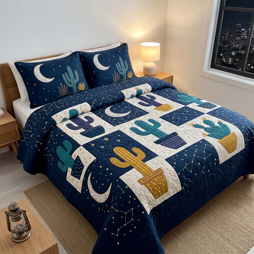 Midnight Cactus Sky Quilted Bedding Set Bed Room Art Dad Gifts For Father's Day 2026