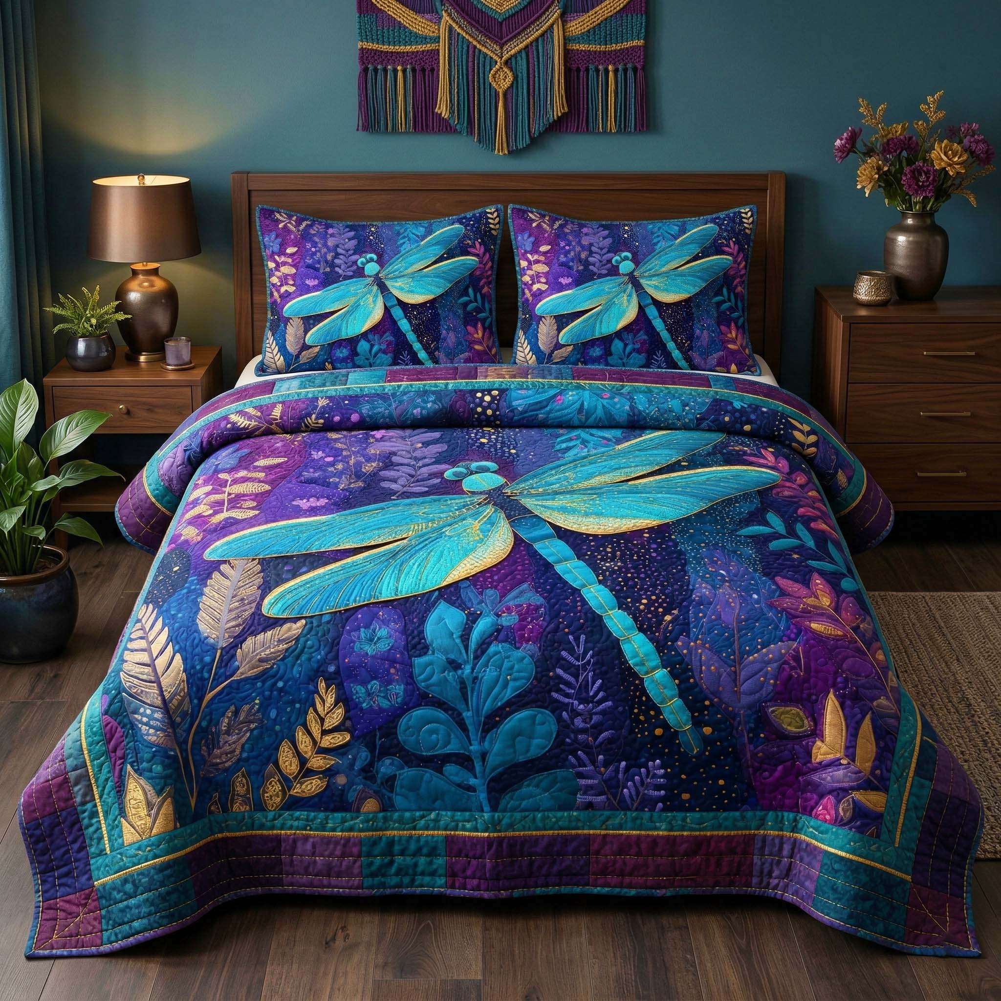 Midnight Dragonfly Quilted Bedding Set Nice Bed Sheet Sets Gift For Someone Who Loves Dragonflies