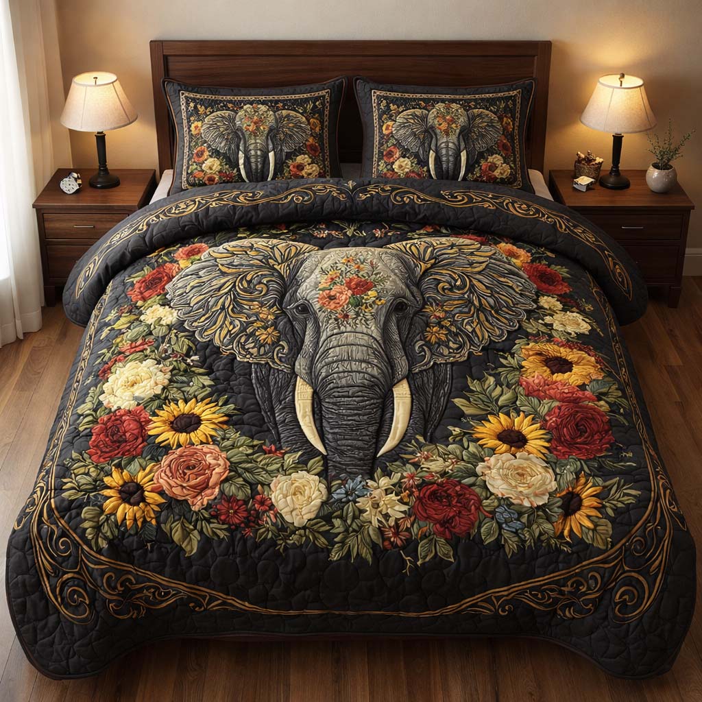 Midnight Floral Elephant Quilted Bedding Set Boho Bedroom Furniture Presents For Elephant Lovers