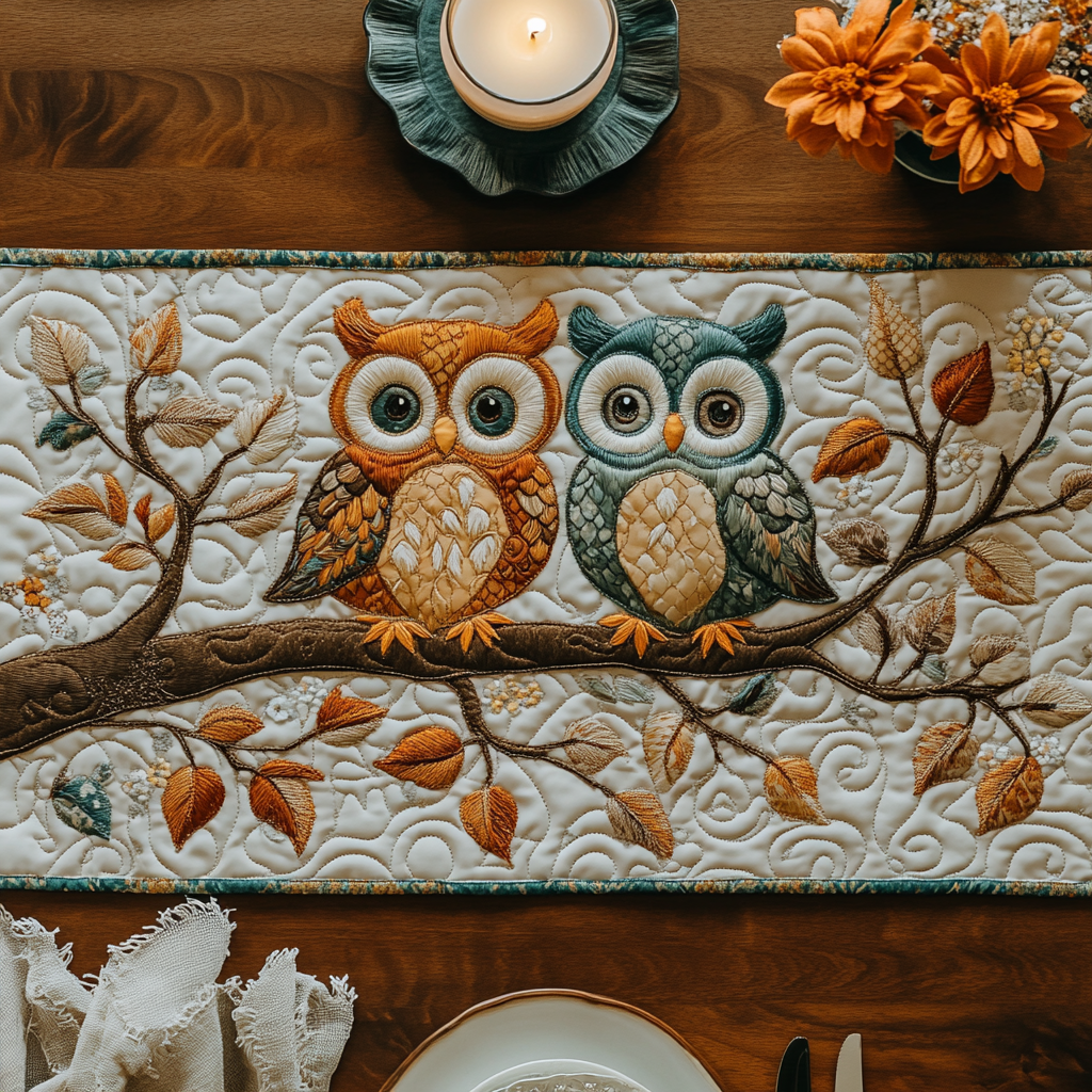 Midnight Gaze Quilted Table Runner Dining Table Decor Gift For Owl Lover