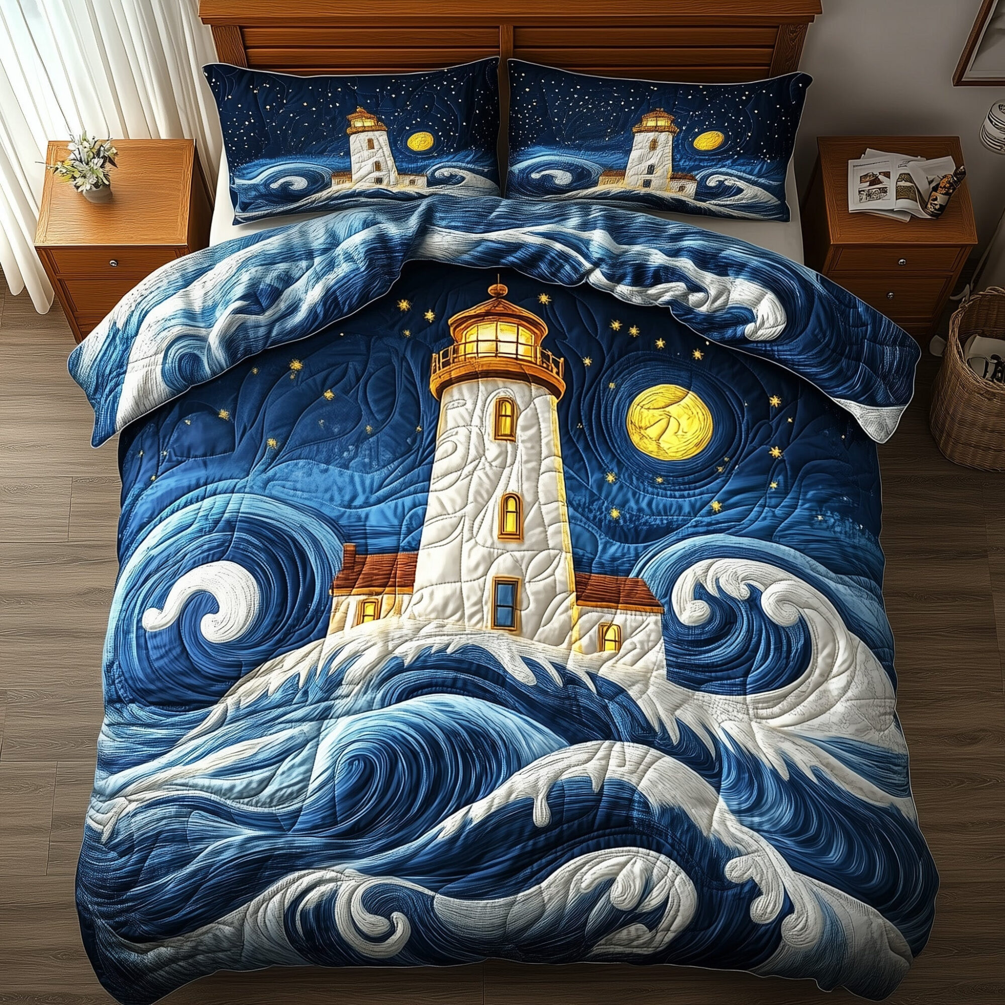 Midnight Lighthouse Quilted Bedding Set Starry Ocean Landscape Best Bedding Gifts