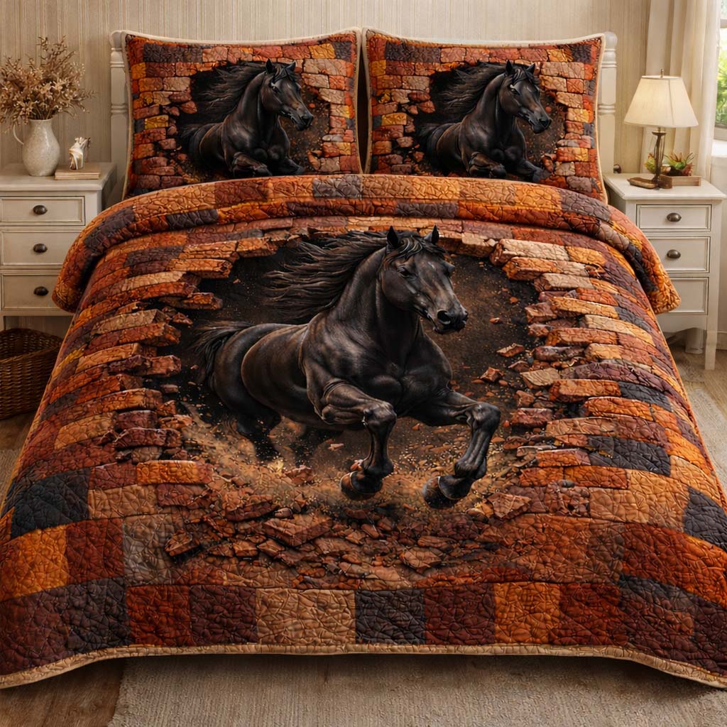 Midnight Power Stallion Quilted Bedding Set Cozy Bedroom Ideas Horse Gifts For Adults