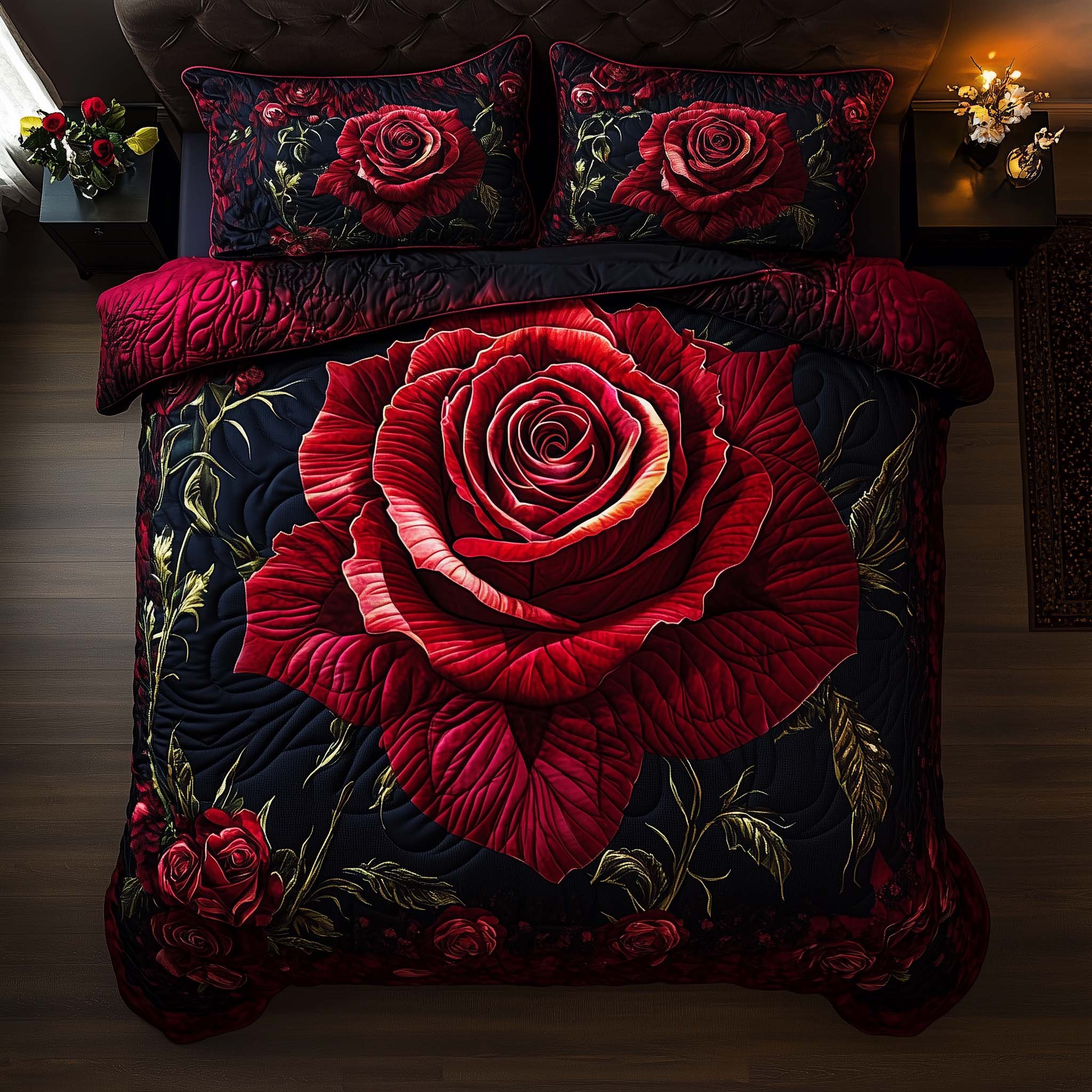 Midnight Rose Quilted Bedding Set Bedroom Room Decor Best Gift Ideas For Mom