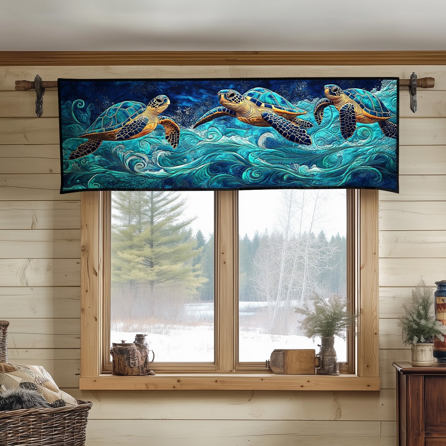 Midnight Sea Swim Quilted Valance Modern Holiday Decor Turtle Items Gifts