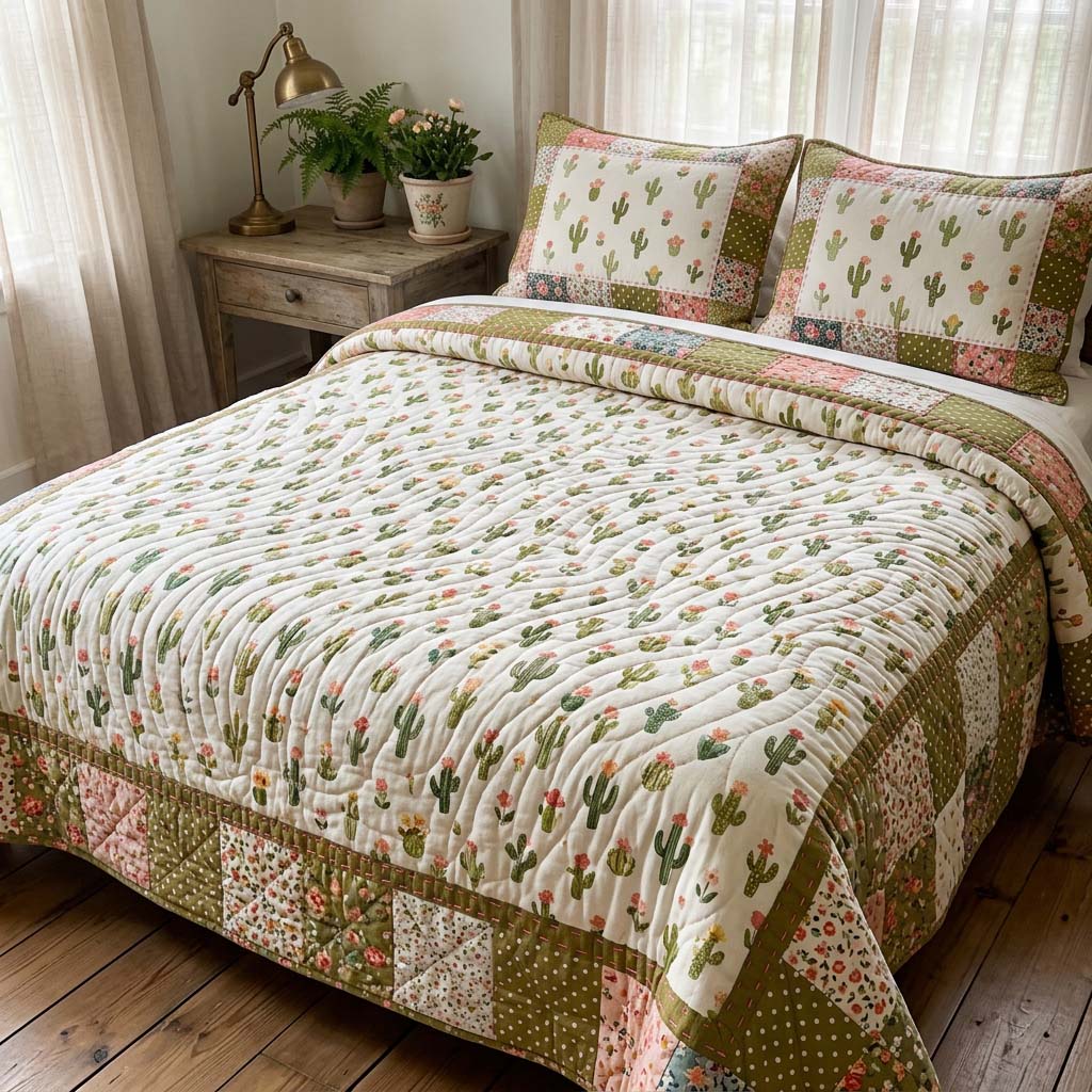 Mini Cactus Garden Quilted Bedding Set Over The Bed Decor Best Father's Day Gifts For Dad