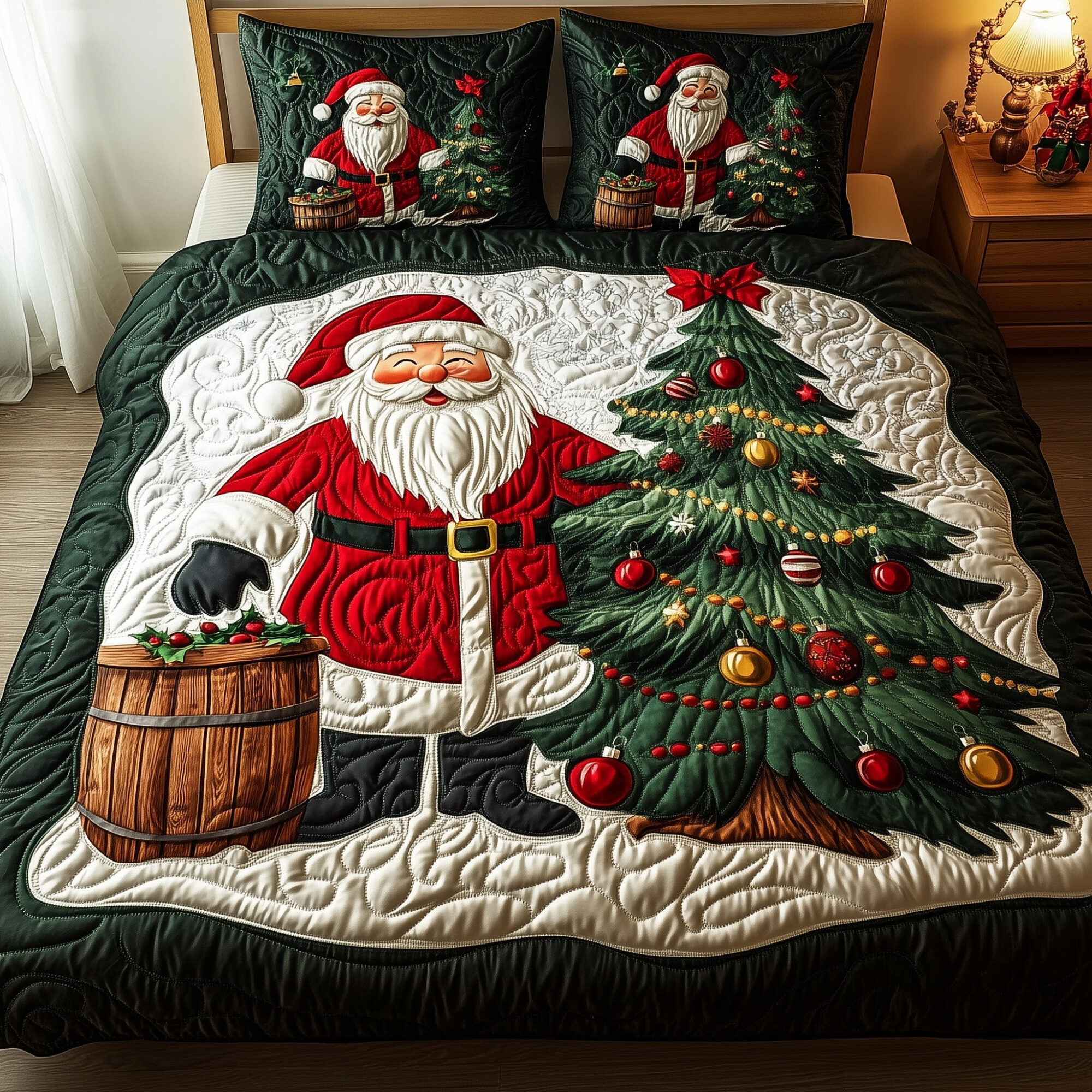 Miracle Village Quilted Bedding Set Santa Christmas Tree Decor Great Xmas Bedding Gifts
