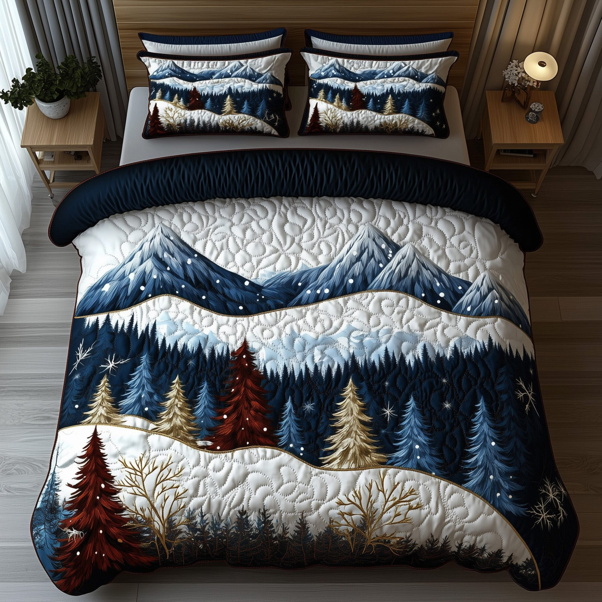 Miracle Xmas Quilted Bedding Set Forest Pine Xmas Decor Unique Bedding Gift Ideas