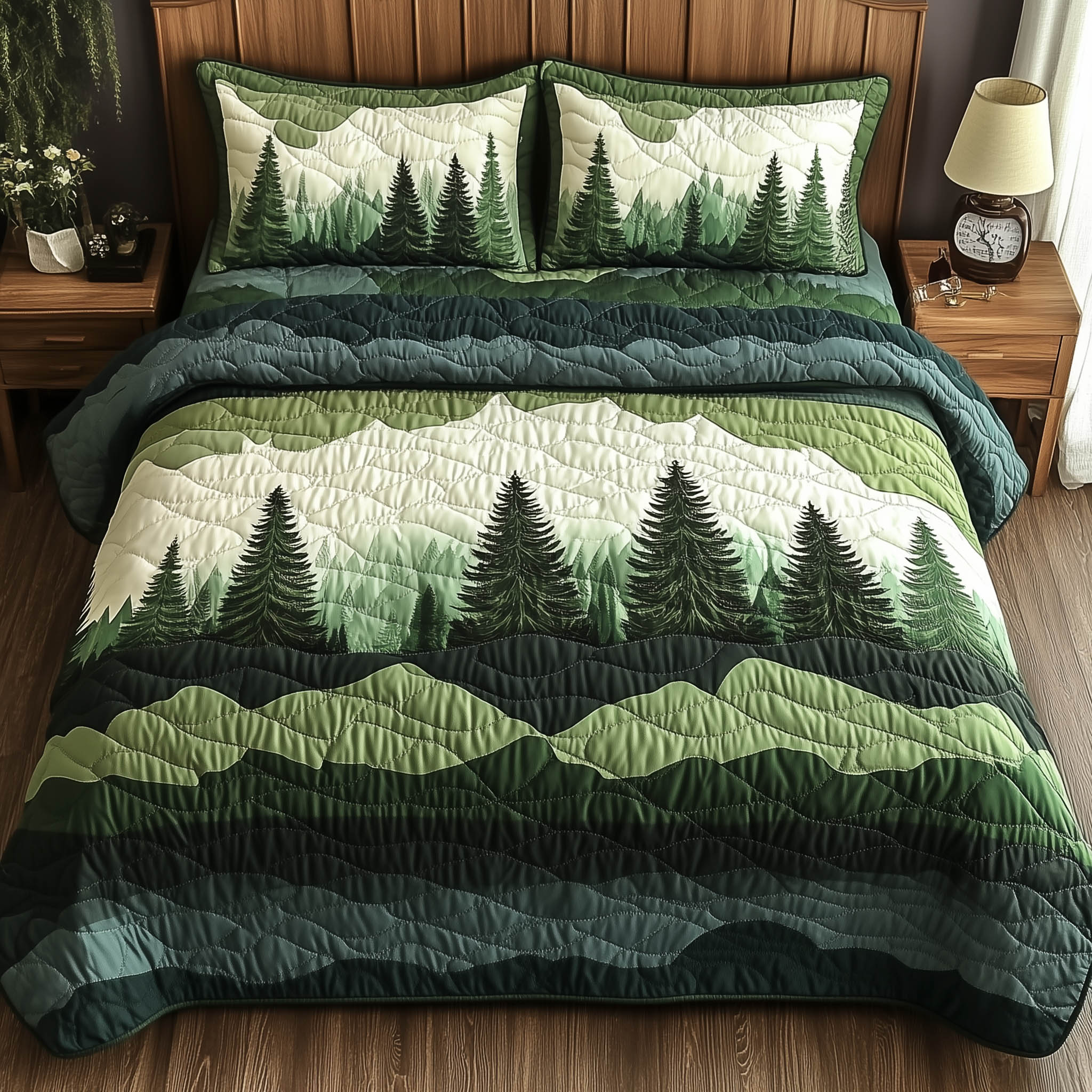 Misty Forest Mountain Quilted Bedding Set Bed Decor Special Gift For Father