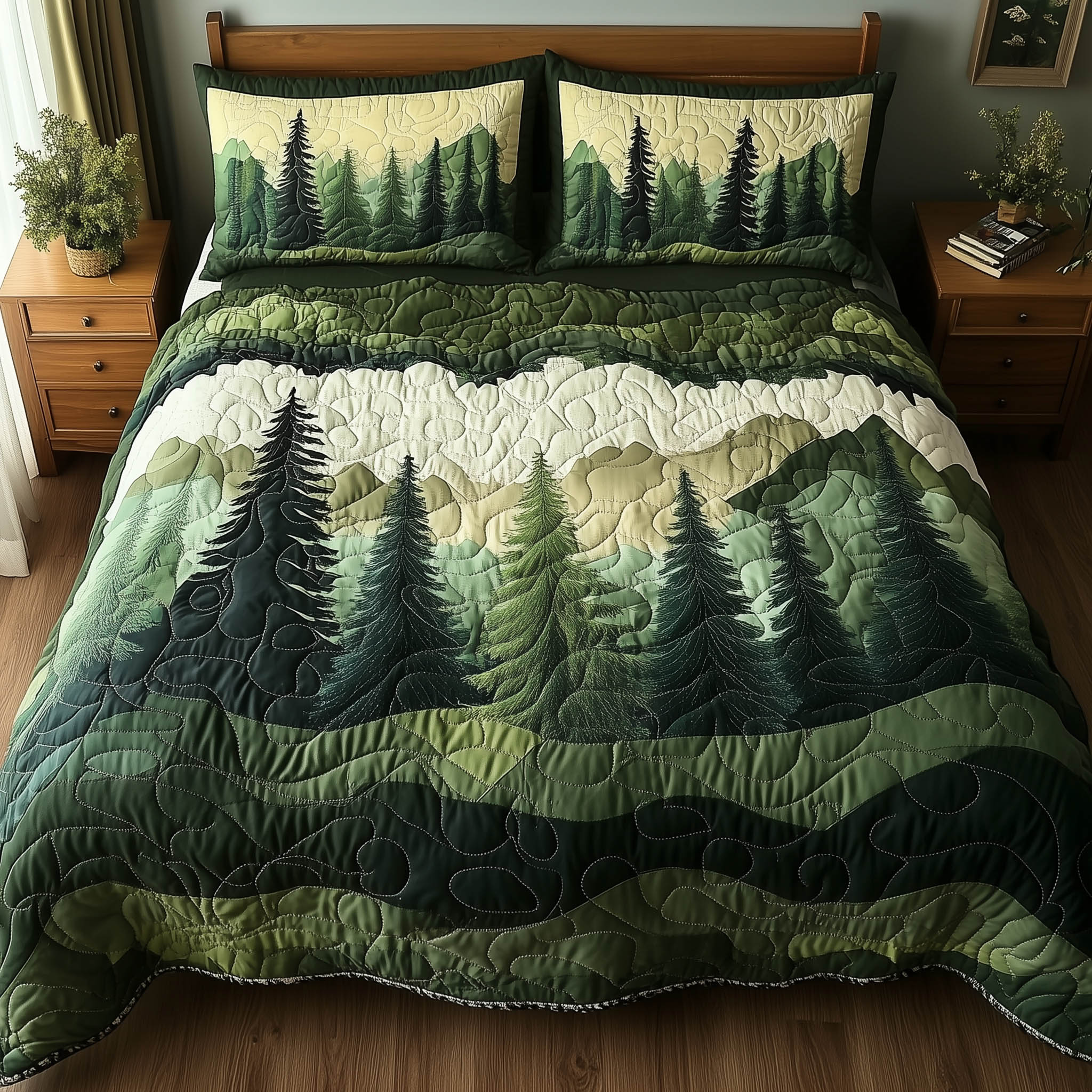 Misty Forest Mountain Quilted Bedding Set Bedroom Furniture Ideas Special Gifts For Dad From Son