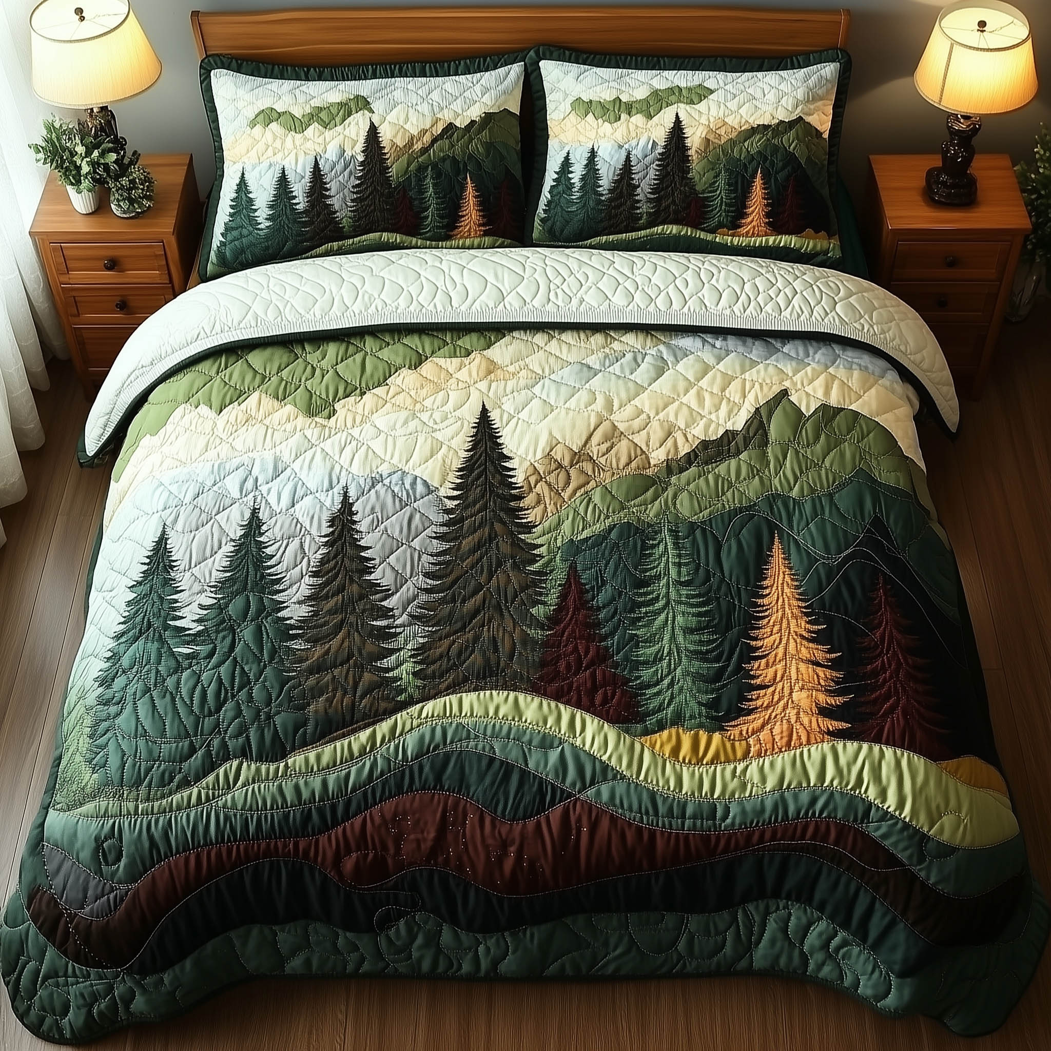 Misty Forest Mountain Quilted Bedding Set Bedroom Room Decor Special Fathers Day Presents