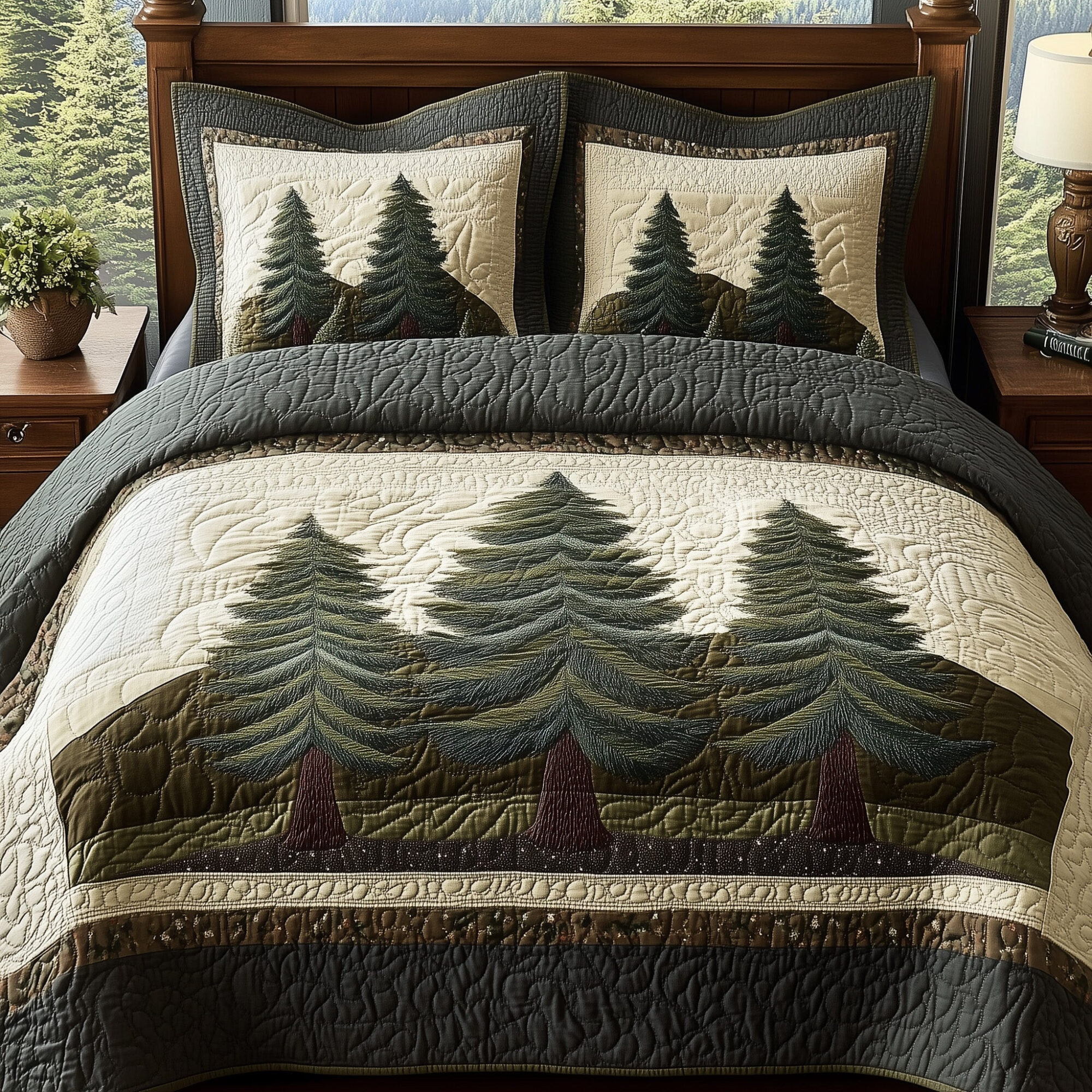 Misty Forest Quilted Bedding Set Pinecone Woodland Nature Forest Themed Bedding Gifts