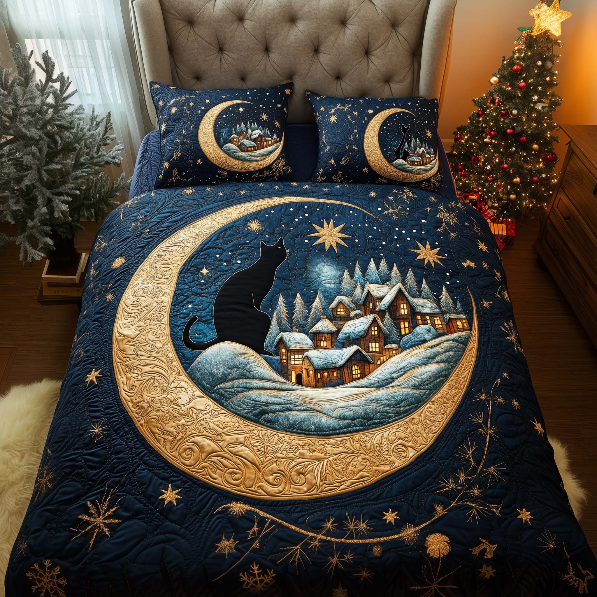 Moon Village Quilted Bedding Set Christmas Comforter Queen Gift Idea For Cat Owner
