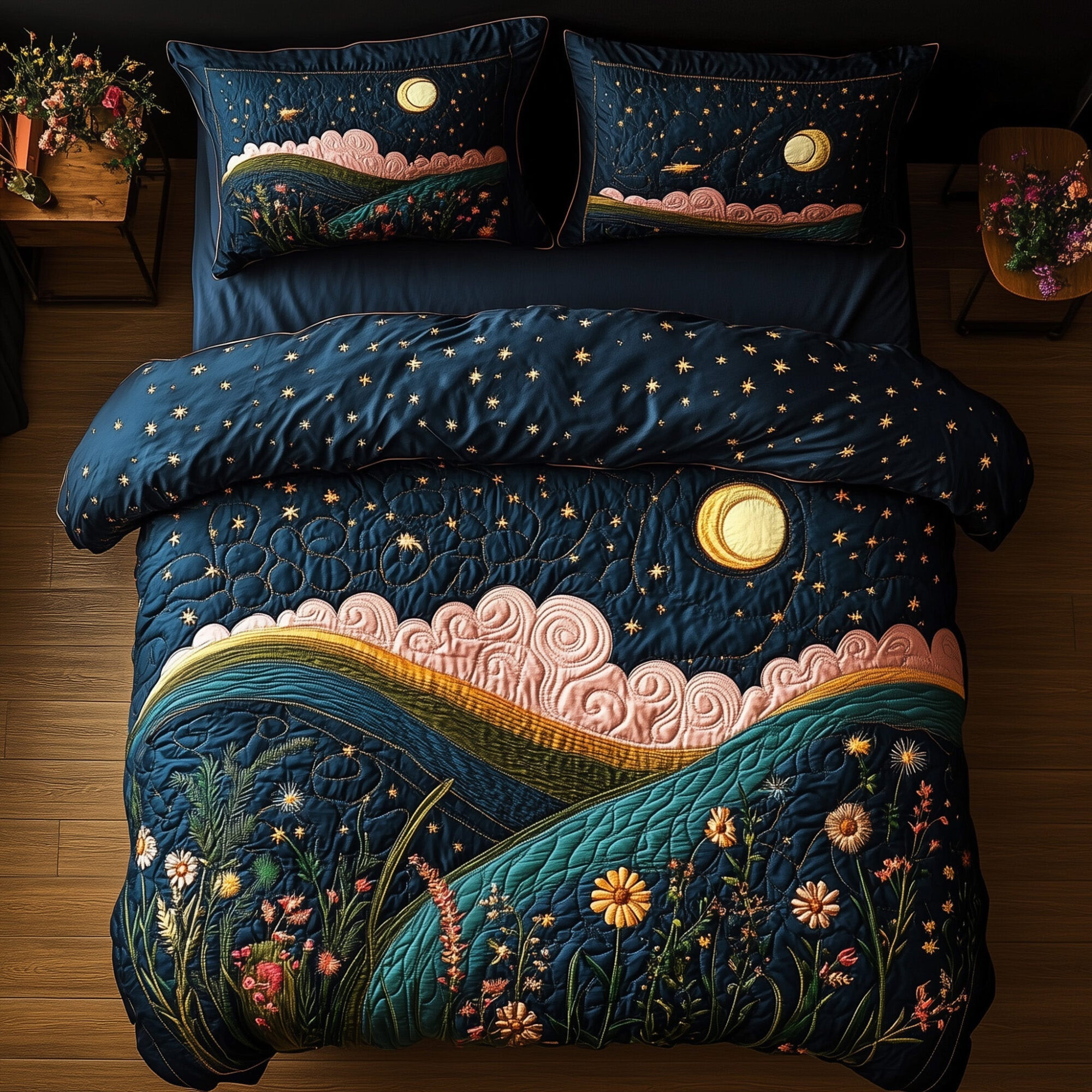 Moonlit Mountain Quilted Bedding Set Night Landscape Best Bedroom Gifts