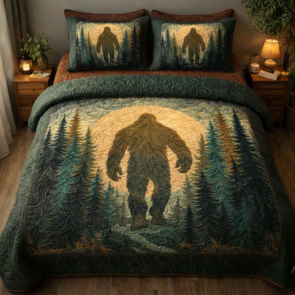 Moonlit Shadow Bigfoot Quilted Bedding Set Bedroom Decor Unique Sasquatch Gifts