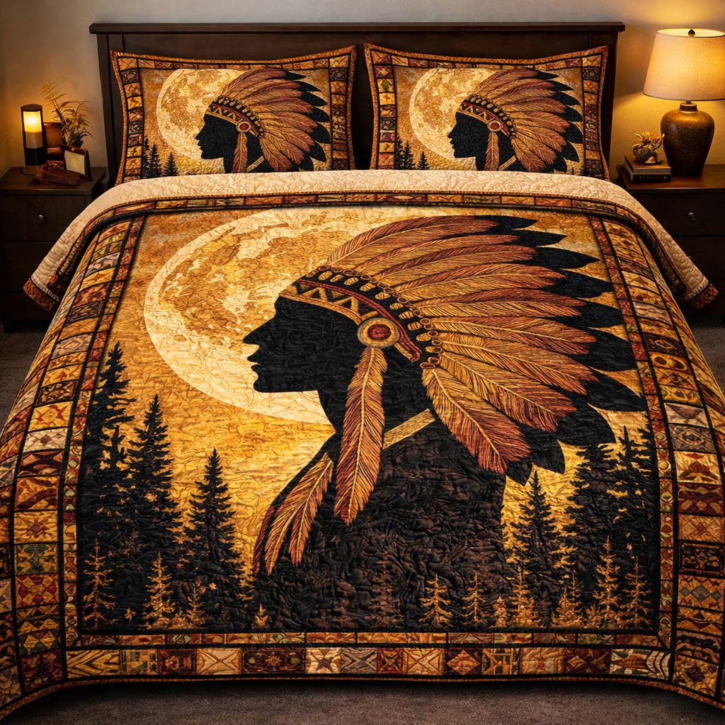 Moonlit Tribal Chief Quilted Bedding Set Over The Bed Decor Native American Wedding Gifts